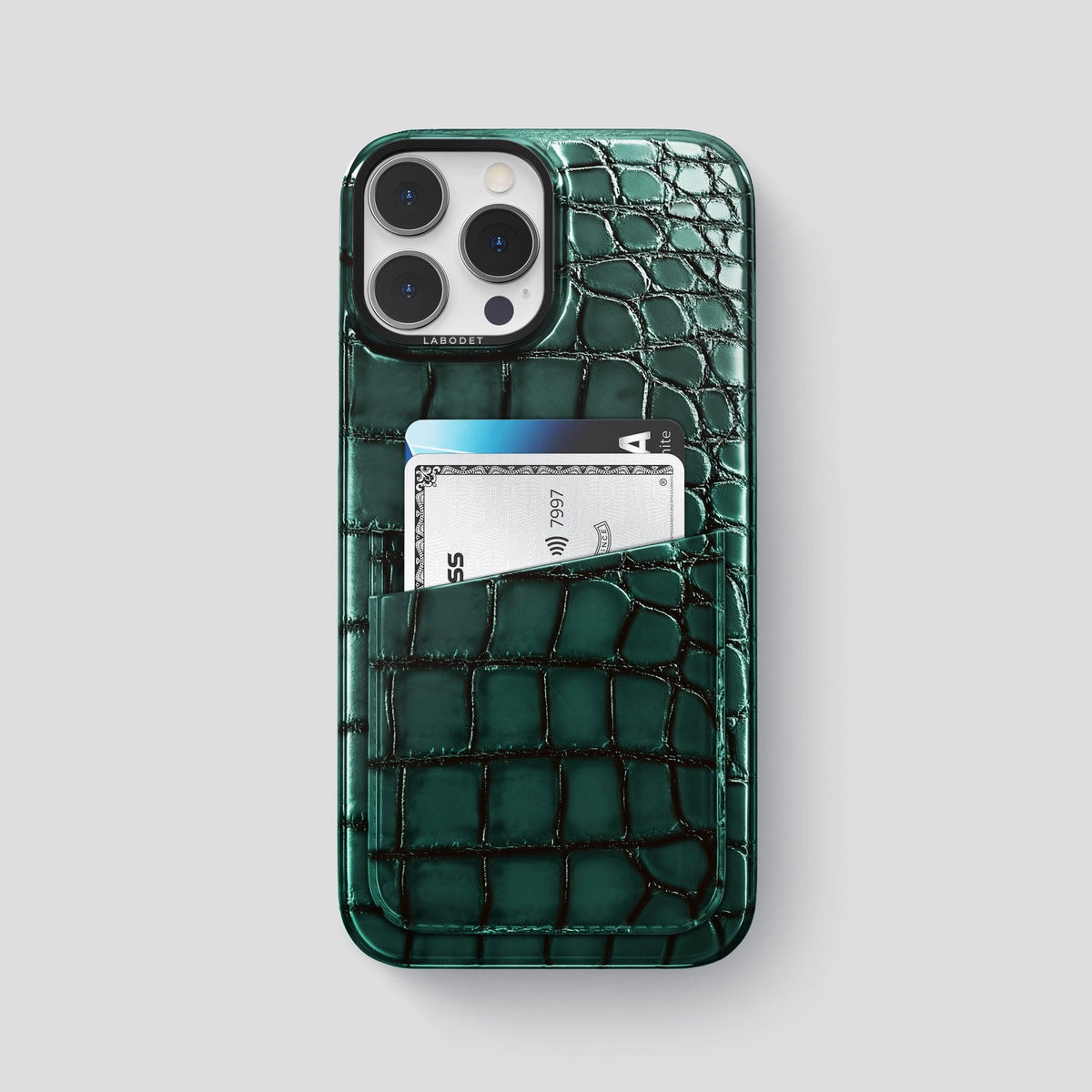 Green iPhone 15 Pro Max Double Card Case Patina Alligator with Black Metal -1 | Green-Black
