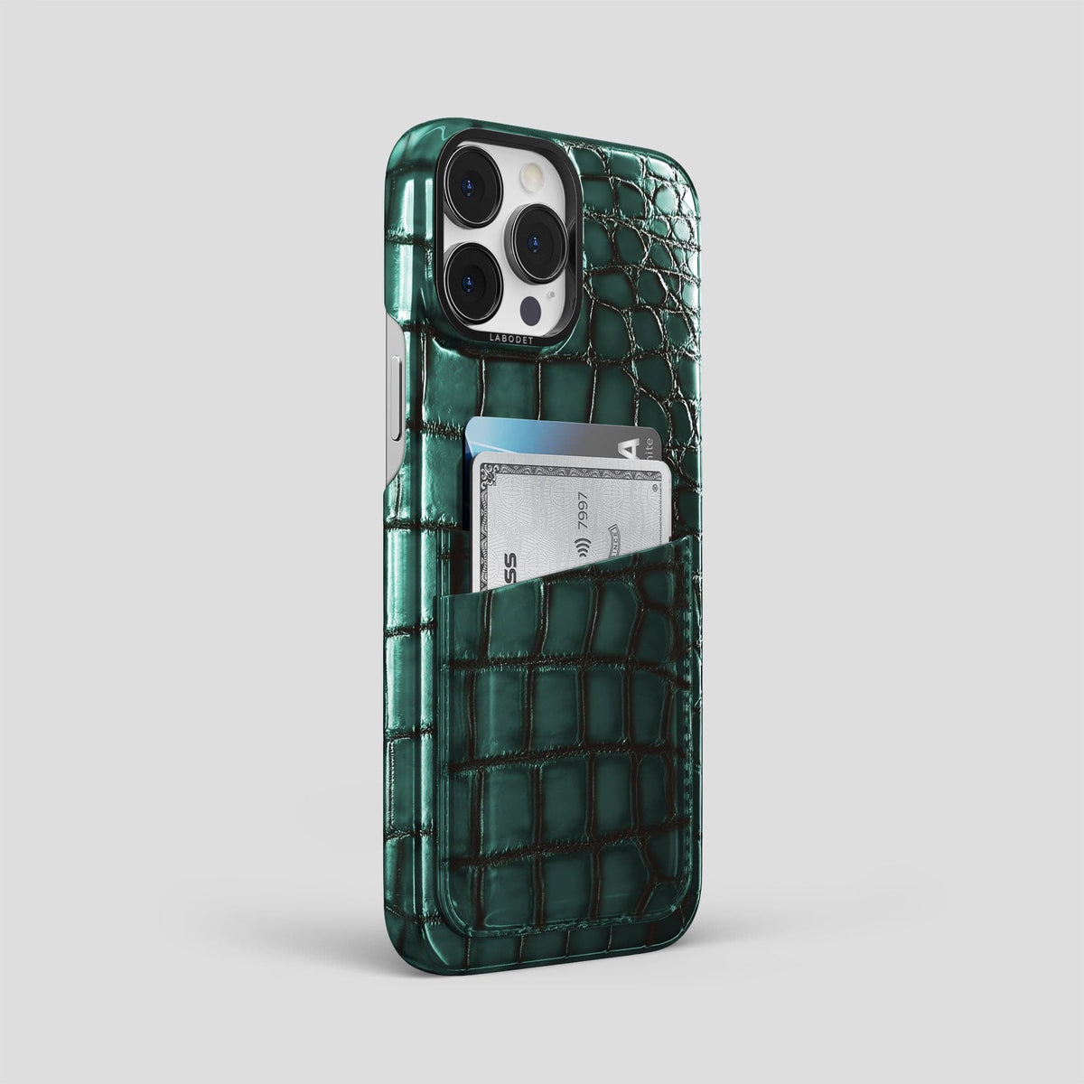 Green iPhone 15 Pro Max Double Card Case Patina Alligator with Black Metal -2 | Green-Black