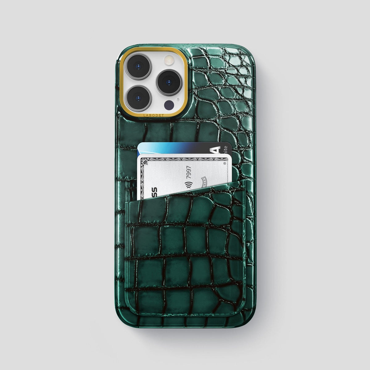 Green iPhone 15 Pro Max Double Card Case Patina Alligator with Gold Metal -1 | Green-Gold