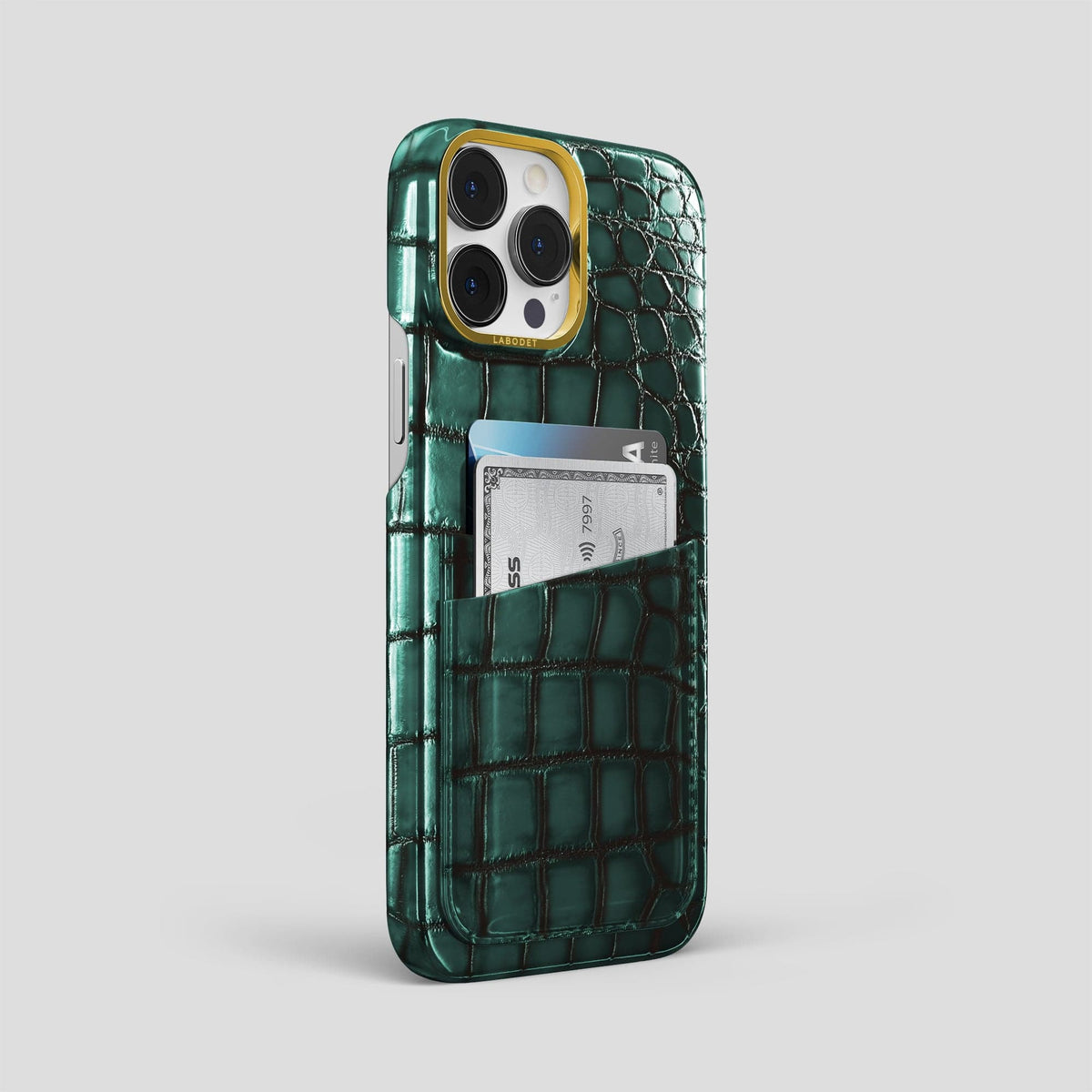 Green iPhone 15 Pro Max Double Card Case Patina Alligator with Gold Metal -2 | Green-Gold