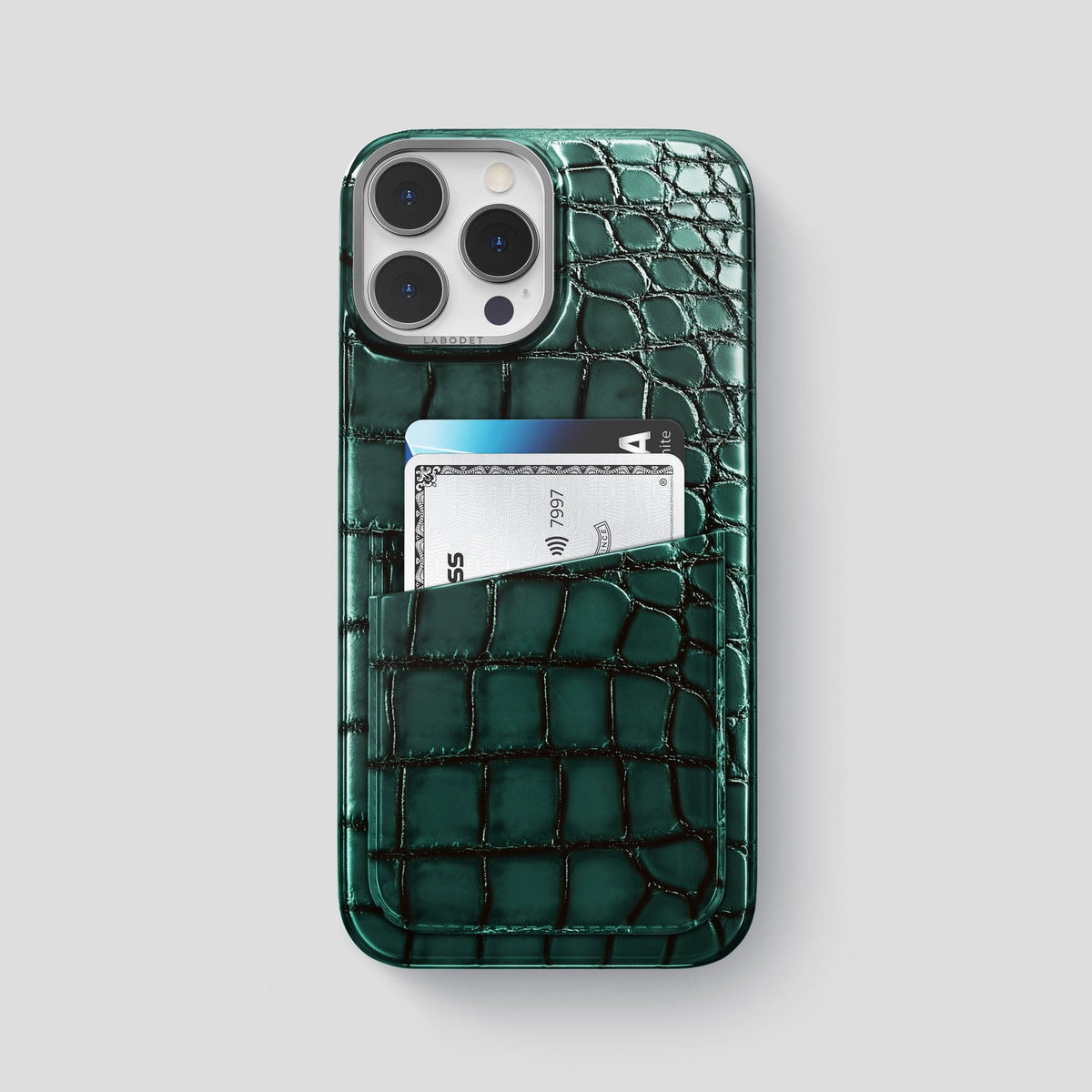 Green iPhone 15 Pro Max Double Card Case Patina Alligator with Steel Metal -1 | Green-Steel