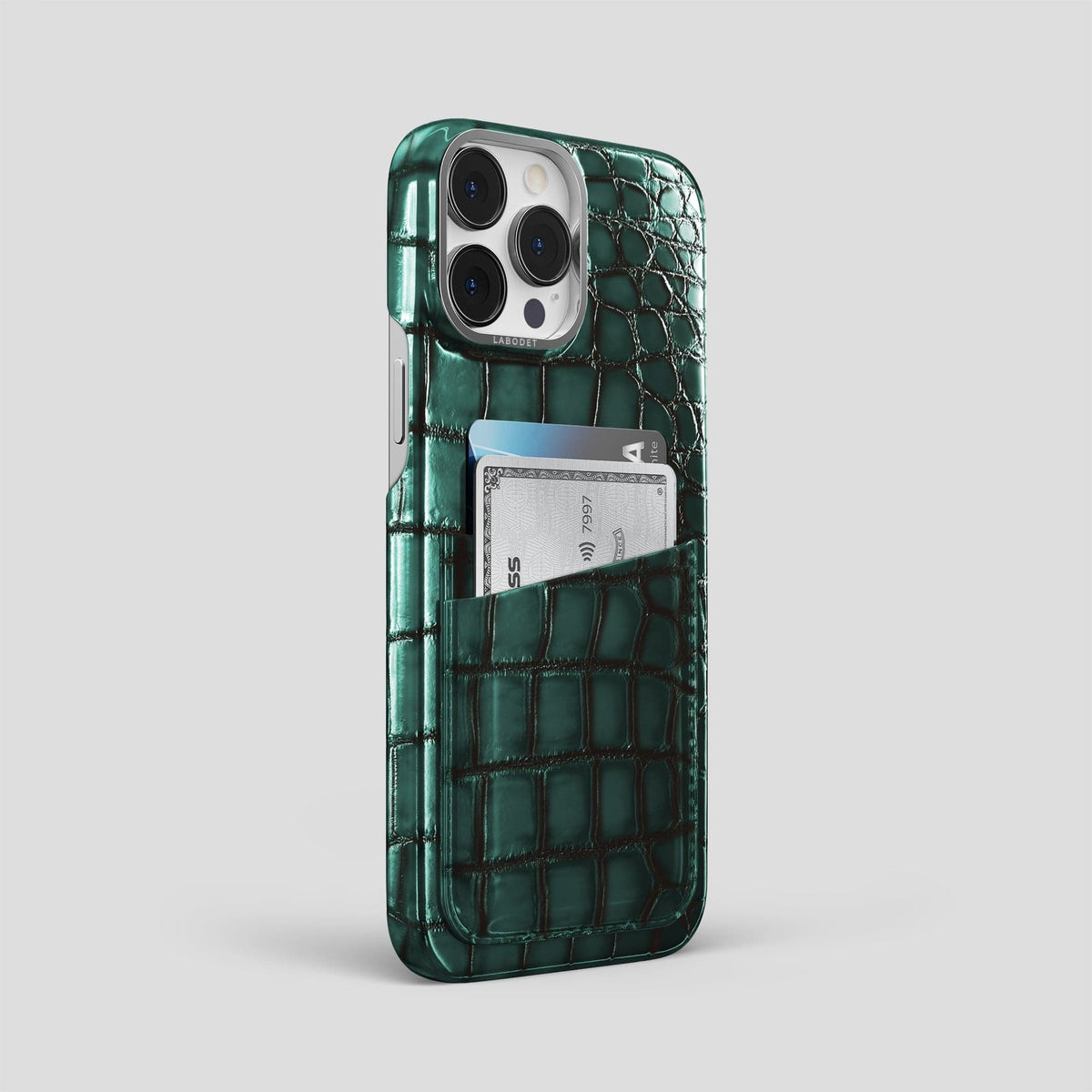 Green iPhone 15 Pro Max Double Card Case Patina Alligator with Steel Metal -2 | Green-Steel