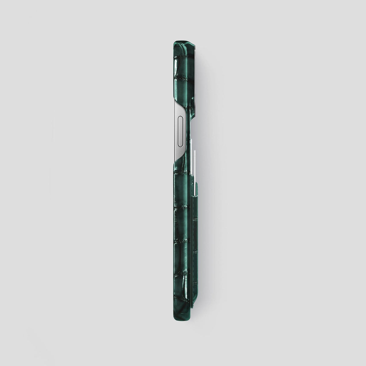 Green iPhone 15 Pro Max Double Card Case Patina Alligator with Steel Metal -3 | Green-Steel