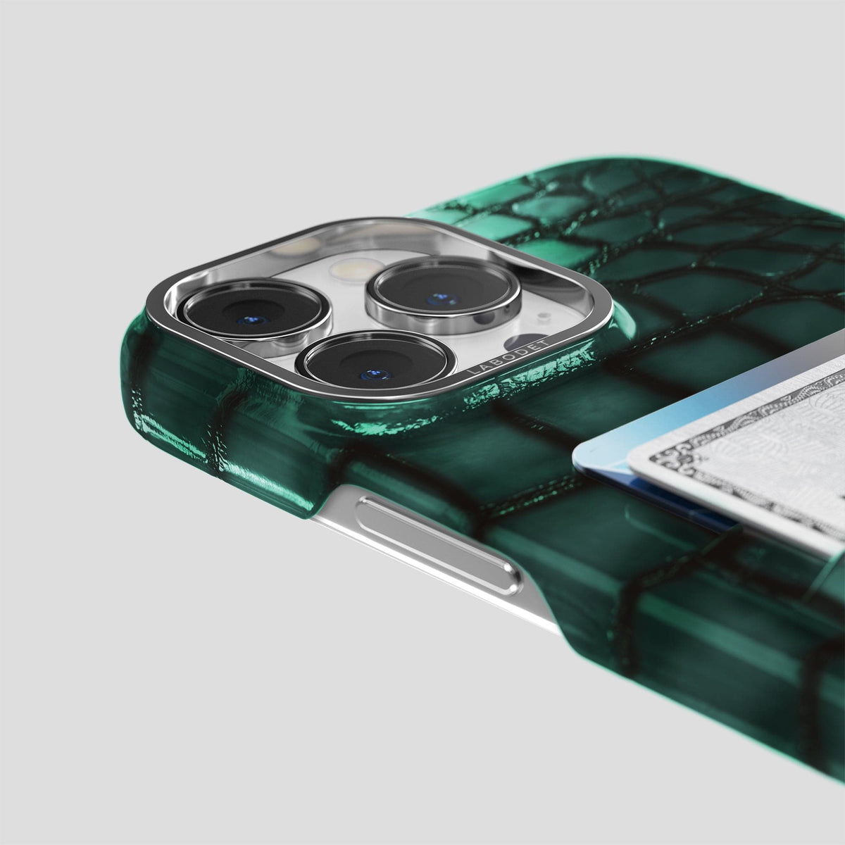 Green iPhone 15 Pro Max Double Card Case Patina Alligator with Steel Metal -5 | Green-Steel