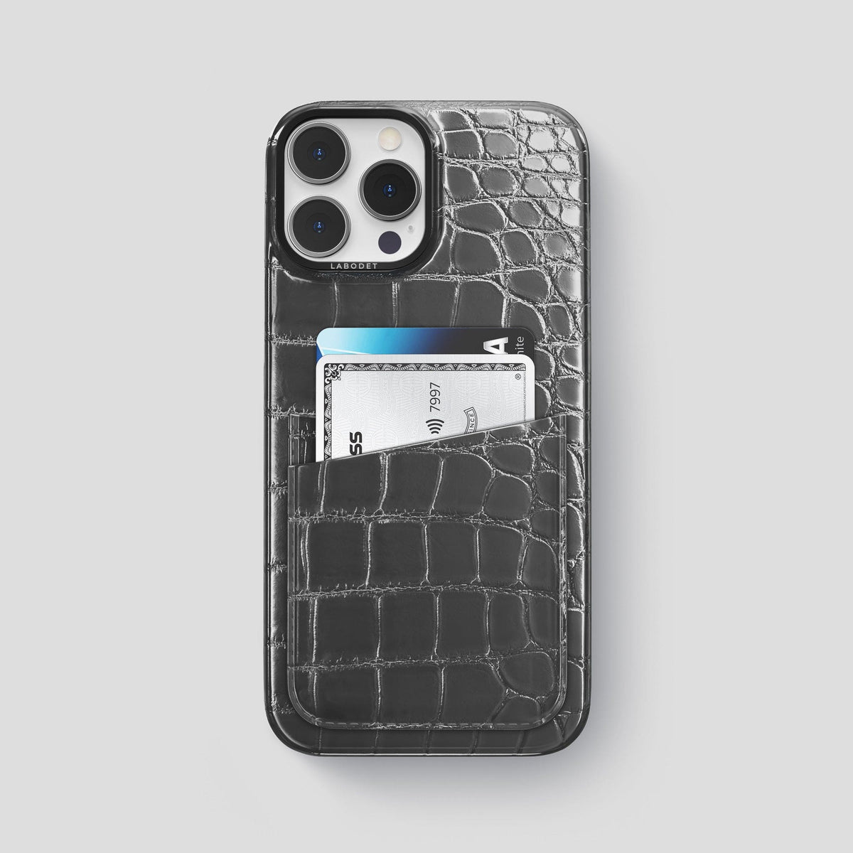 Grey iPhone 15 Pro Max Double Card Case Patina Alligator with Black Metal -1 | Grey-Black
