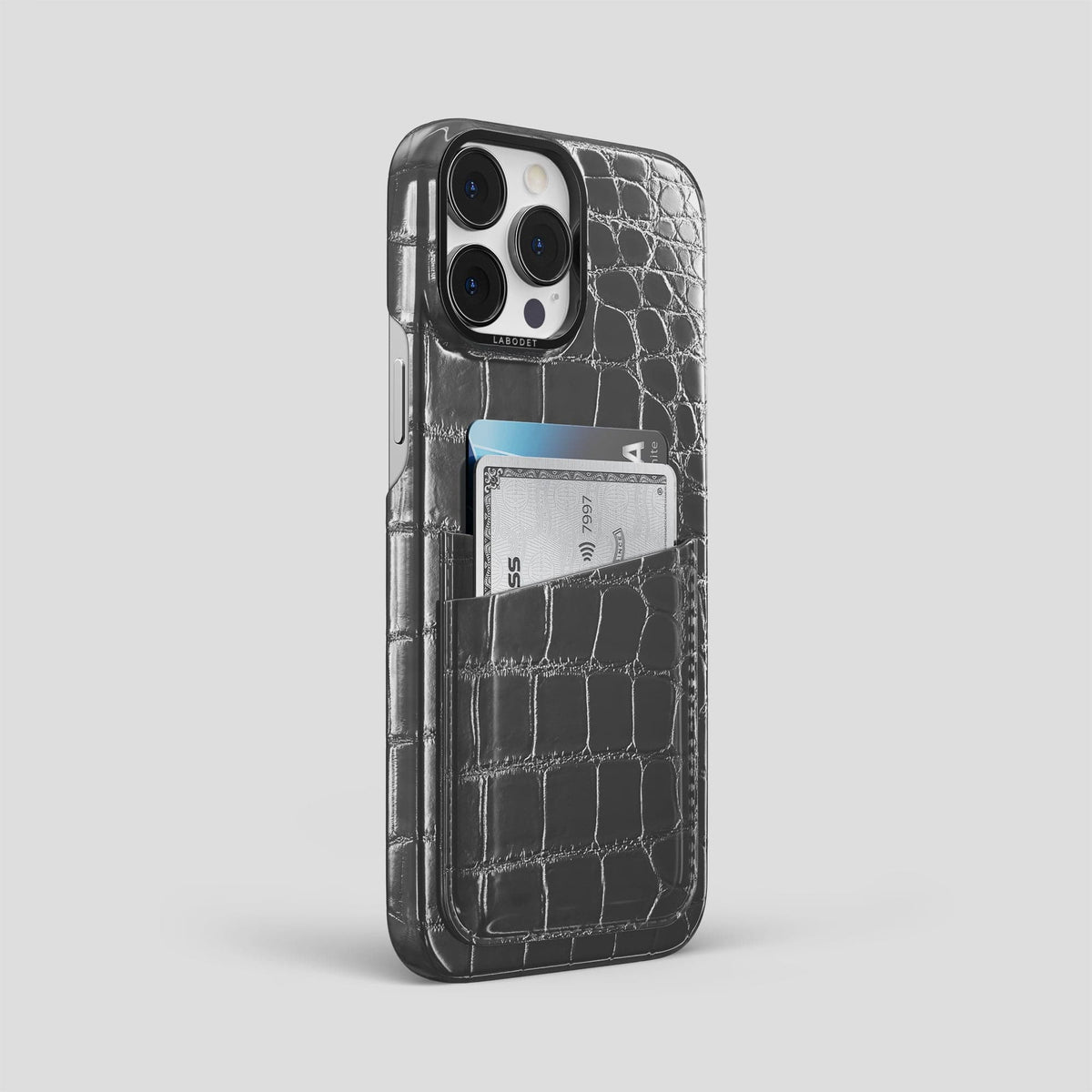 Grey iPhone 15 Pro Max Double Card Case Patina Alligator with Black Metal -2 | Grey-Black
