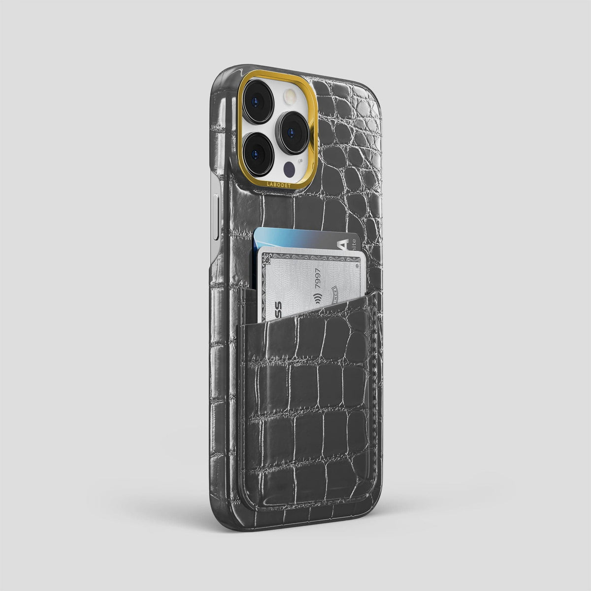 Grey iPhone 15 Pro Max Double Card Case Patina Alligator with Gold Metal -2 | Grey-Gold