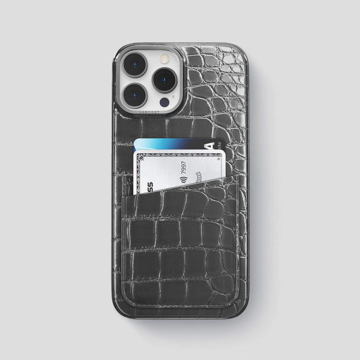 Grey iPhone 15 Pro Max Double Card Case Patina Alligator with Steel Metal -1 | Grey-Steel