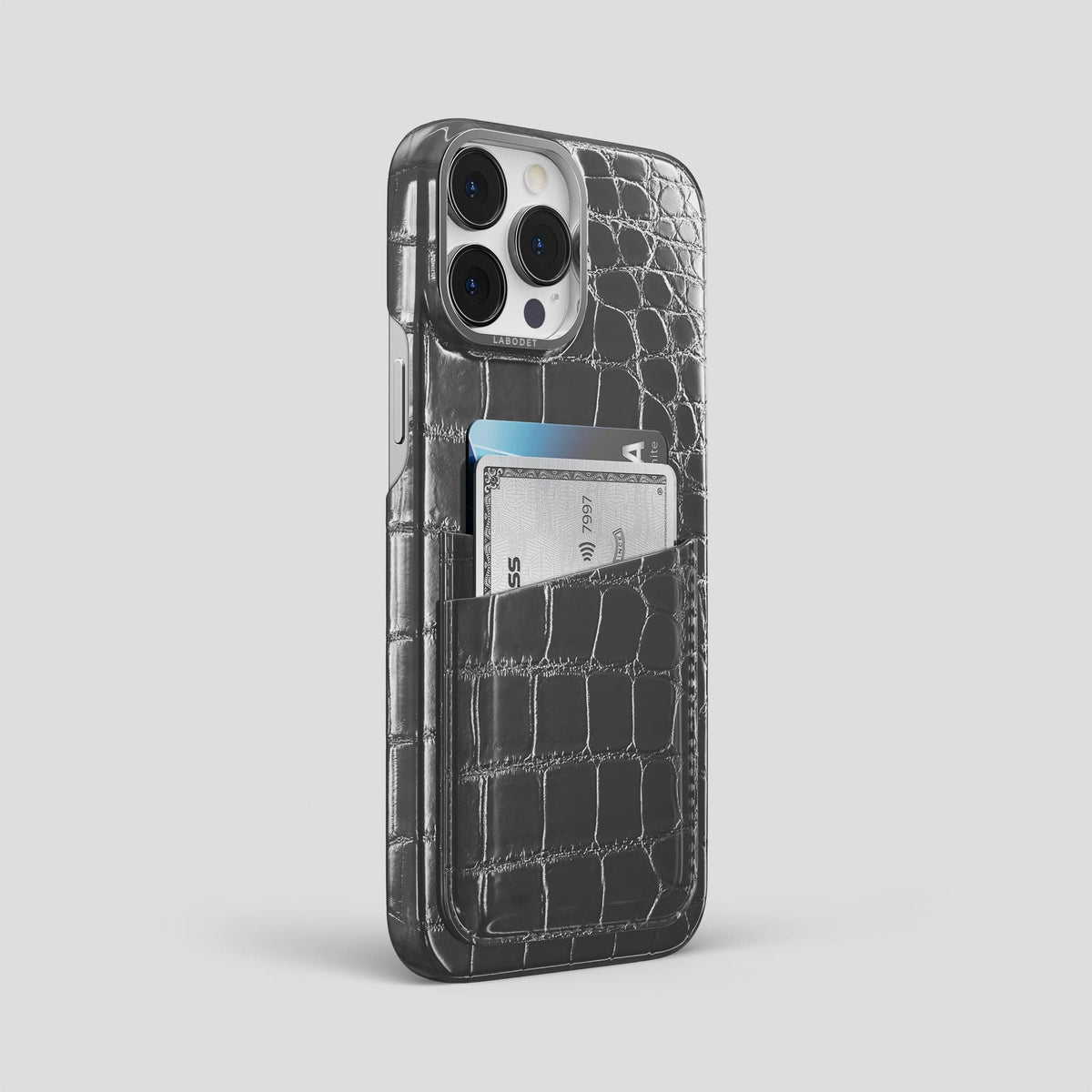 Grey iPhone 15 Pro Max Double Card Case Patina Alligator with Steel Metal -2 | Grey-Steel