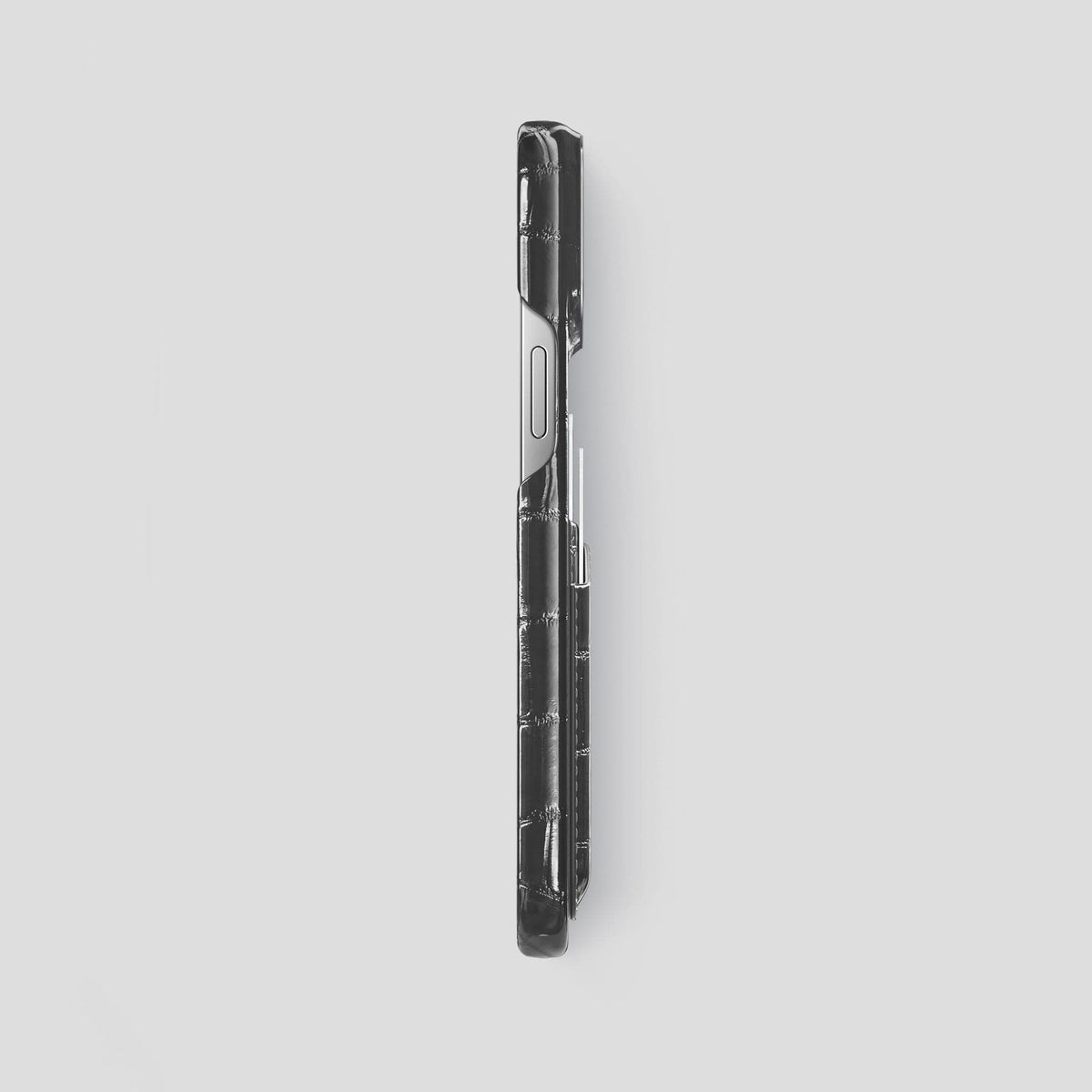 Grey iPhone 15 Pro Max Double Card Case Patina Alligator with Steel Metal -3 | Grey-Steel