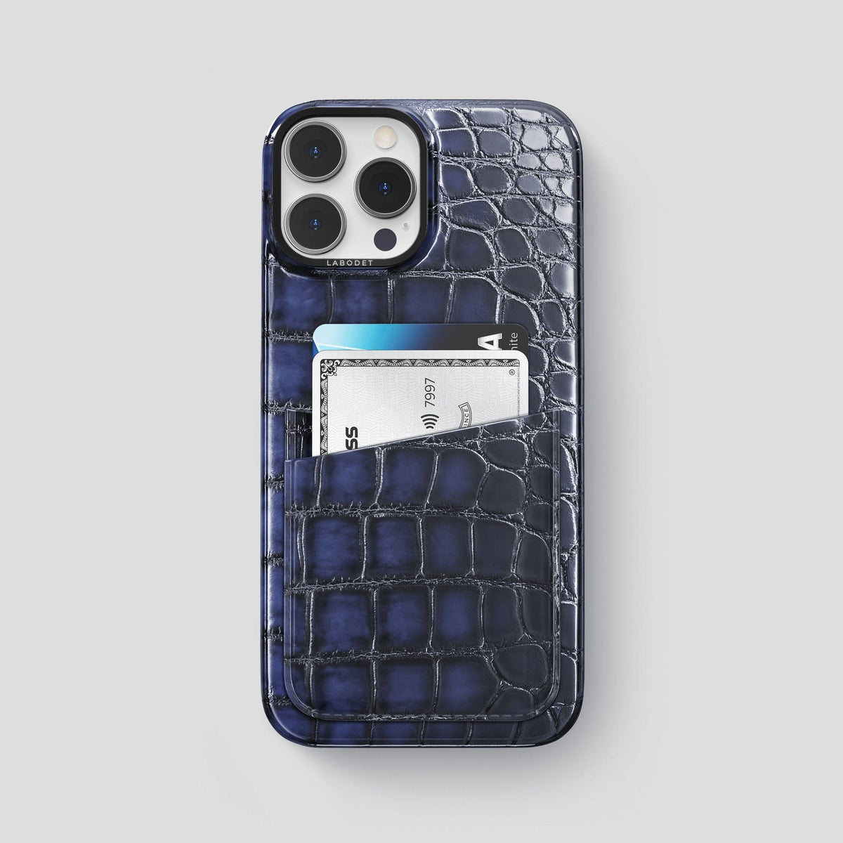 Havana-Blue iPhone 15 Pro Max Double Card Case Patina Alligator with Black Metal -1 | Havana-Blue-Black