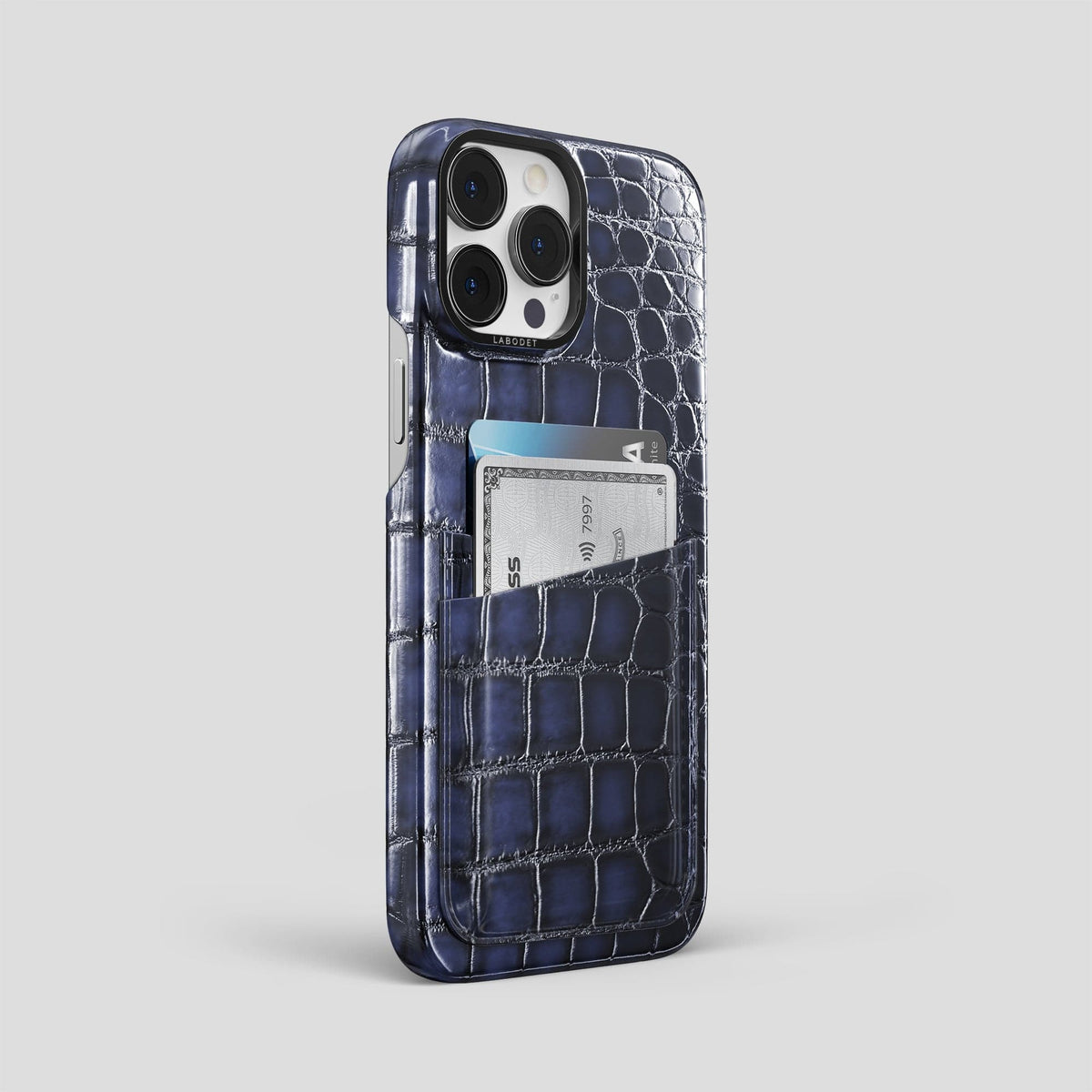 Havana-Blue iPhone 15 Pro Max Double Card Case Patina Alligator with Black Metal -2 | Havana-Blue-Black