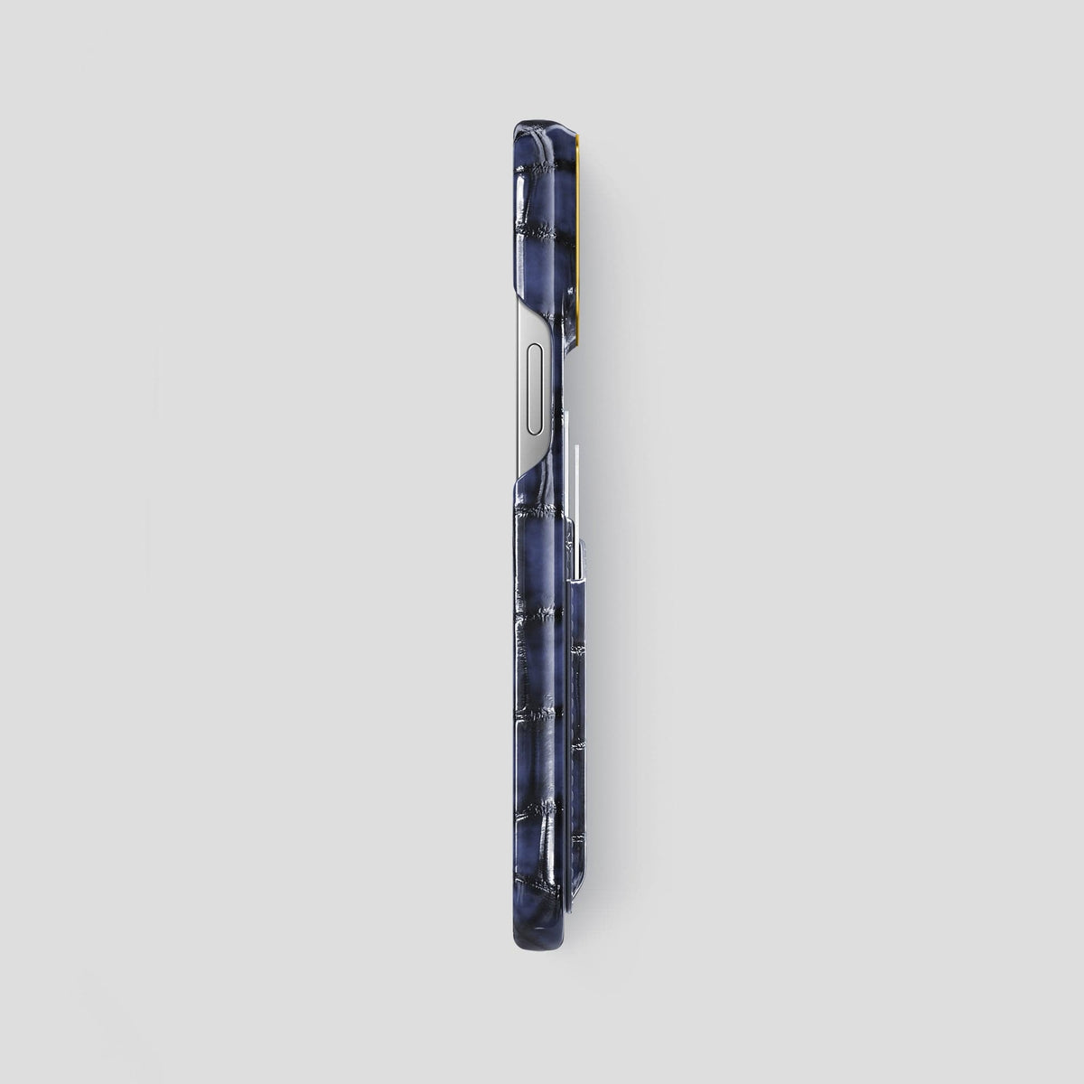 Havana-Blue iPhone 15 Pro Max Double Card Case Patina Alligator with Gold Metal -3 | Havana-Blue-Gold