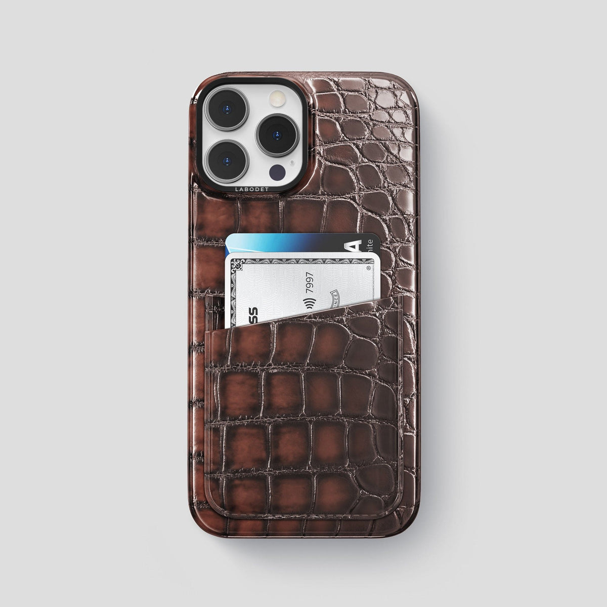 Havana-Brown iPhone 15 Pro Max Double Card Case Patina Alligator with Black Metal -1 | Havana-Brown-Black