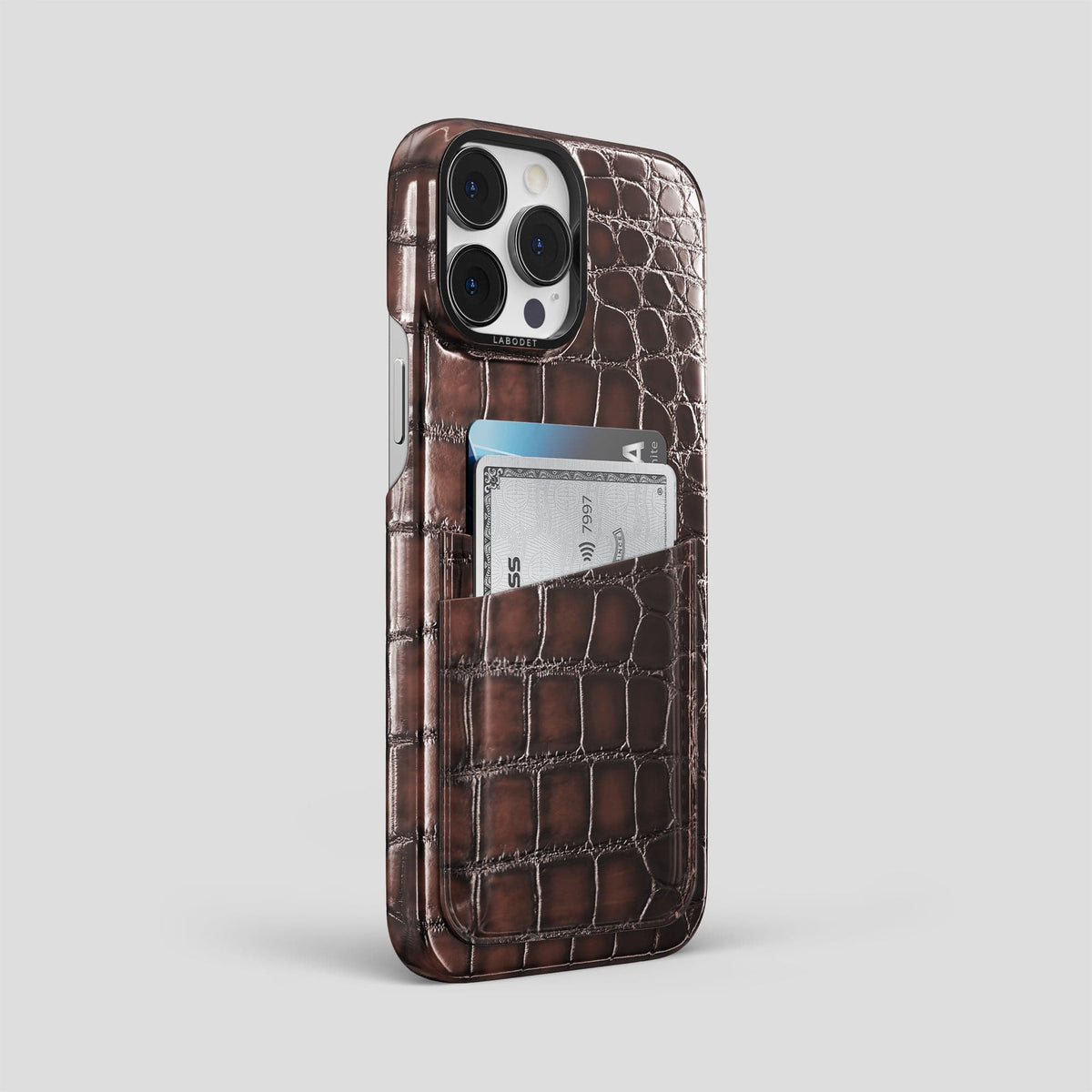 Havana-Brown iPhone 15 Pro Max Double Card Case Patina Alligator with Black Metal -2 | Havana-Brown-Black
