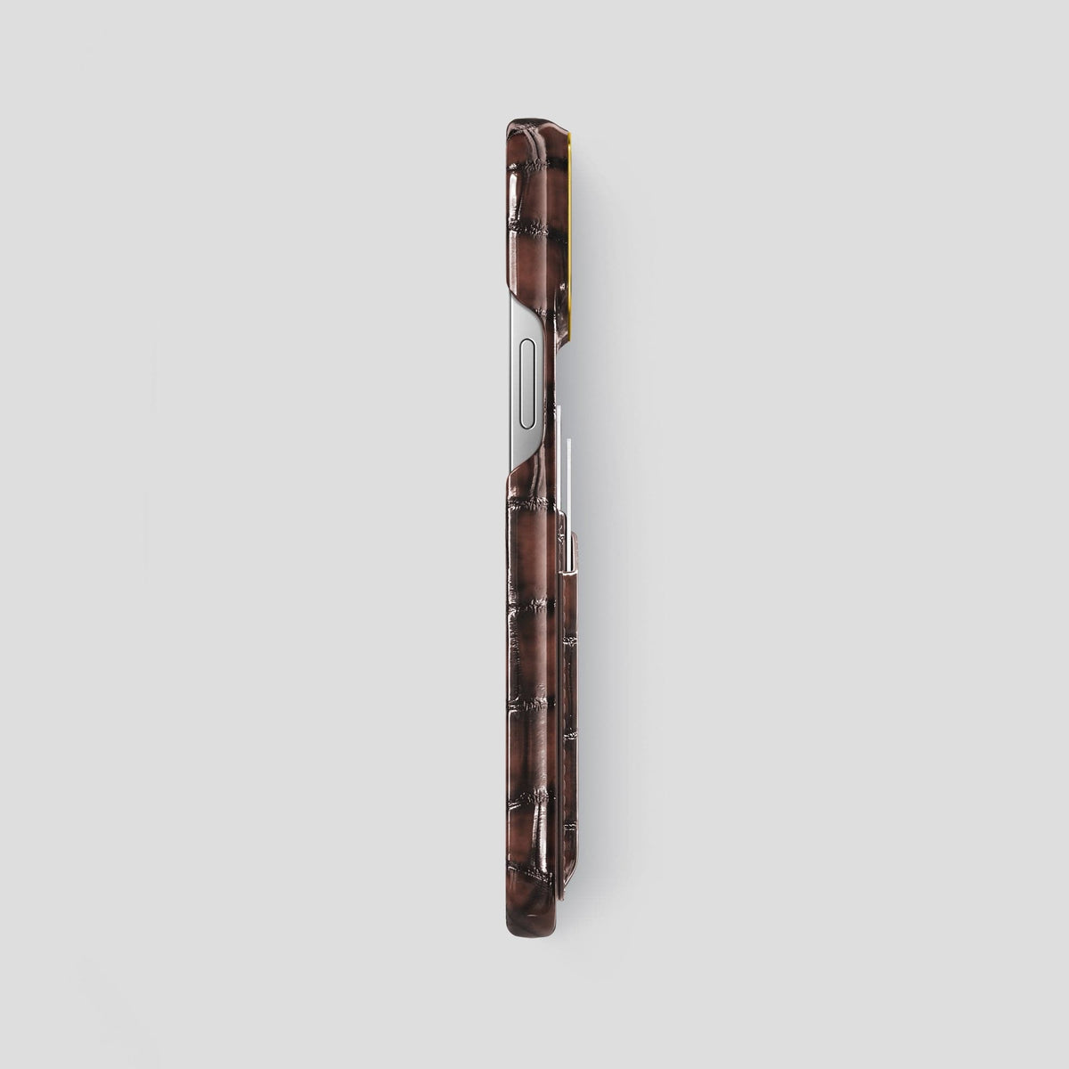 Havana-Brown iPhone 15 Pro Max Double Card Case Patina Alligator with Gold Metal -3 | Havana-Brown-Gold