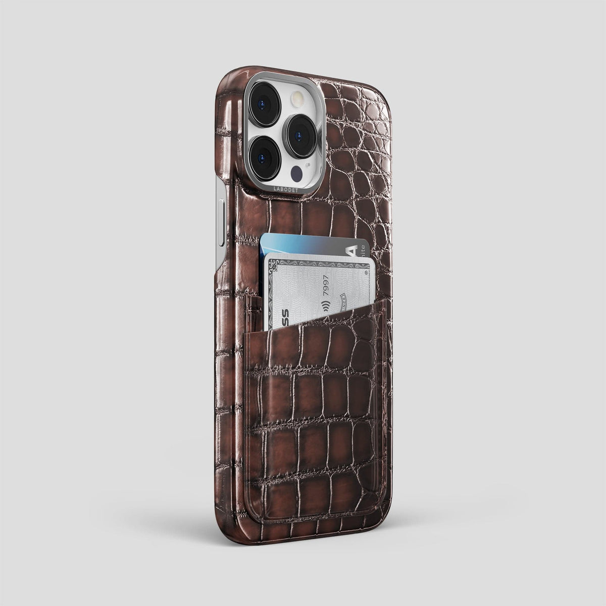 Havana-Brown iPhone 15 Pro Max Double Card Case Patina Alligator with Steel Metal -2 | Havana-Brown-Steel