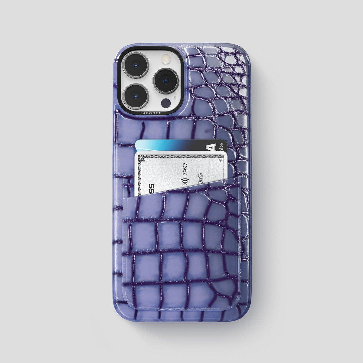 Lilac iPhone 15 Pro Max Double Card Case Patina Alligator with Black Metal -1 | Lilac-Black