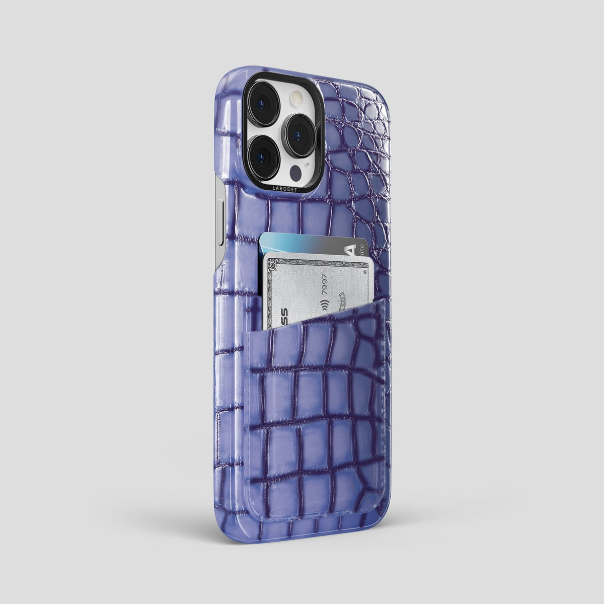 Lilac iPhone 15 Pro Max Double Card Case Patina Alligator with Black Metal -2 | Lilac-Black