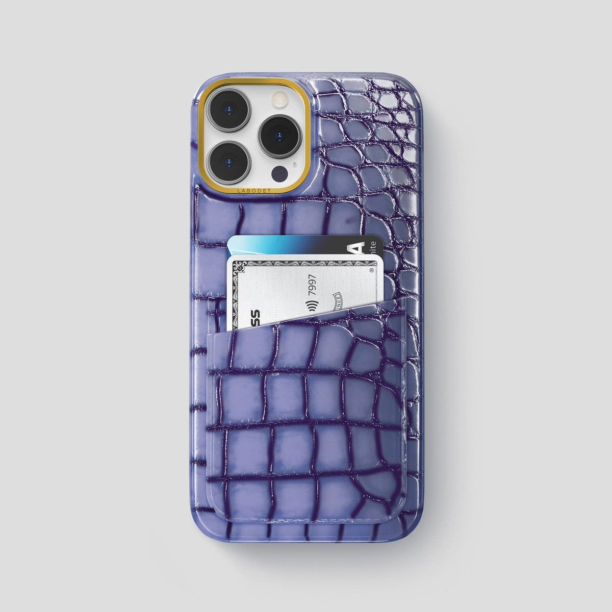 Lilac iPhone 15 Pro Max Double Card Case Patina Alligator with Gold Metal -1 | Lilac-Gold