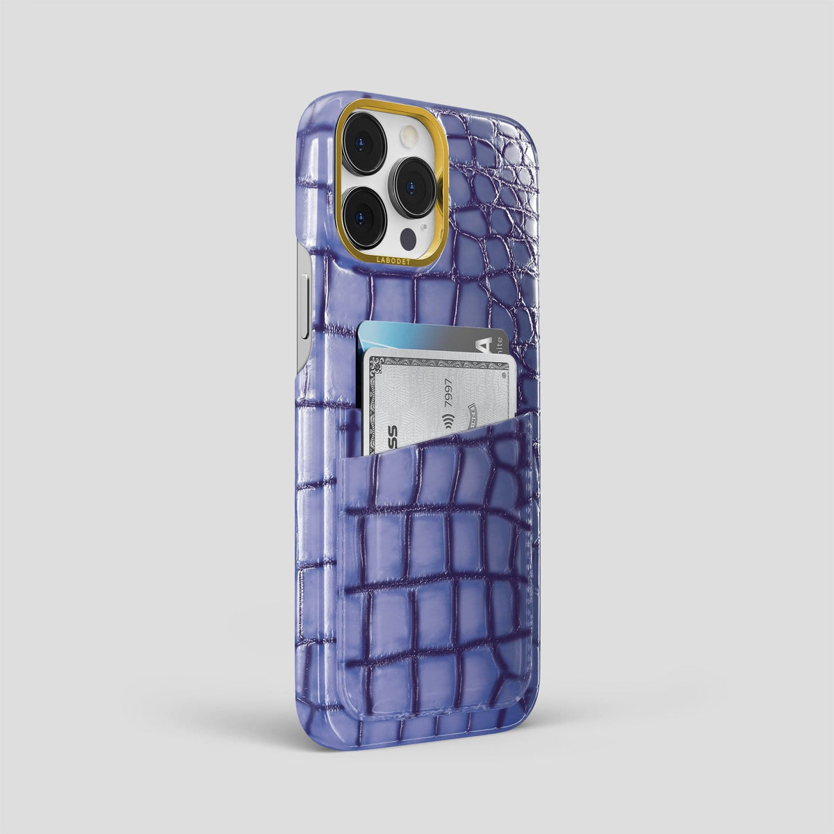 Lilac iPhone 15 Pro Max Double Card Case Patina Alligator with Gold Metal -2 | Lilac-Gold