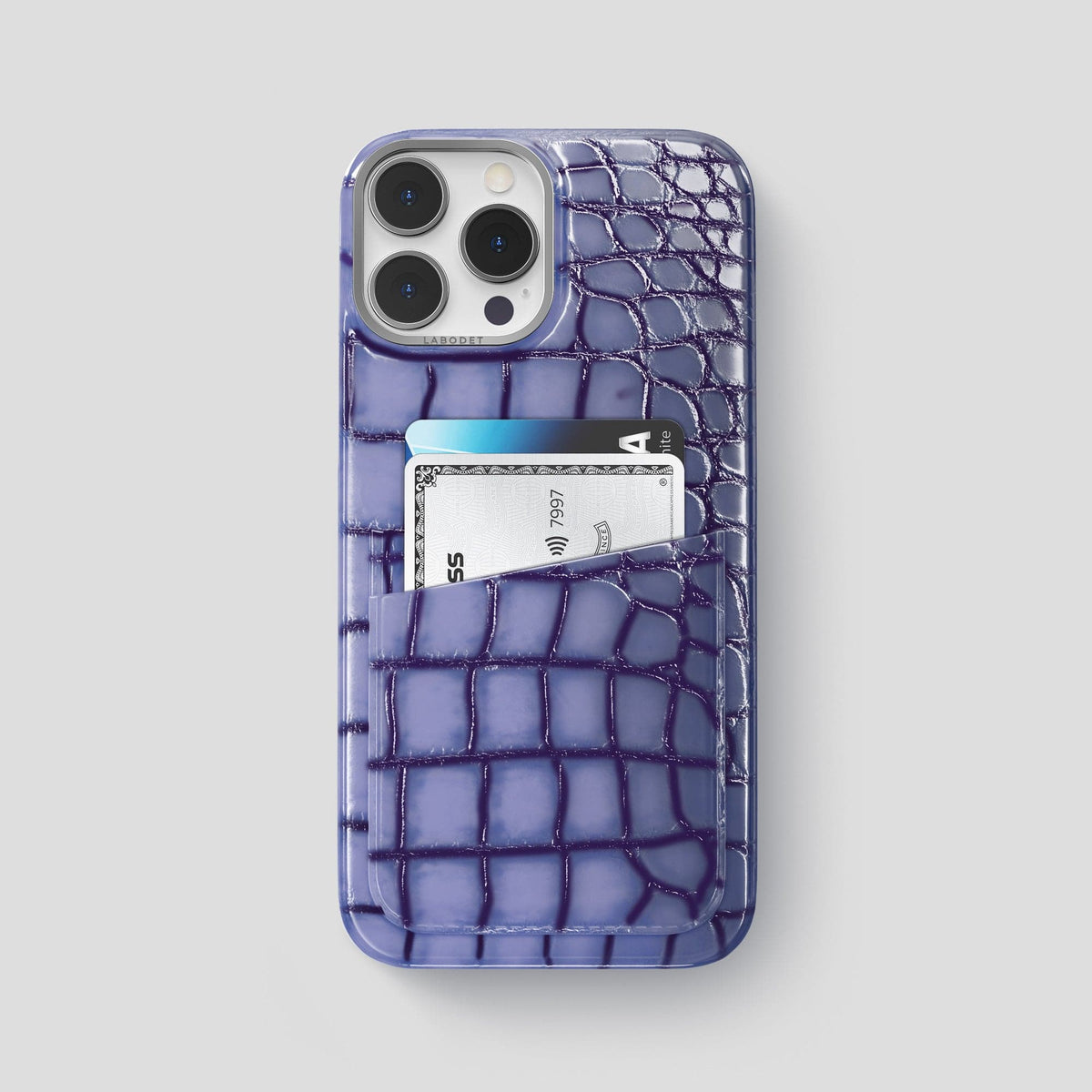 Lilac iPhone 15 Pro Max Double Card Case Patina Alligator with Steel Metal -1 | Lilac-Steel