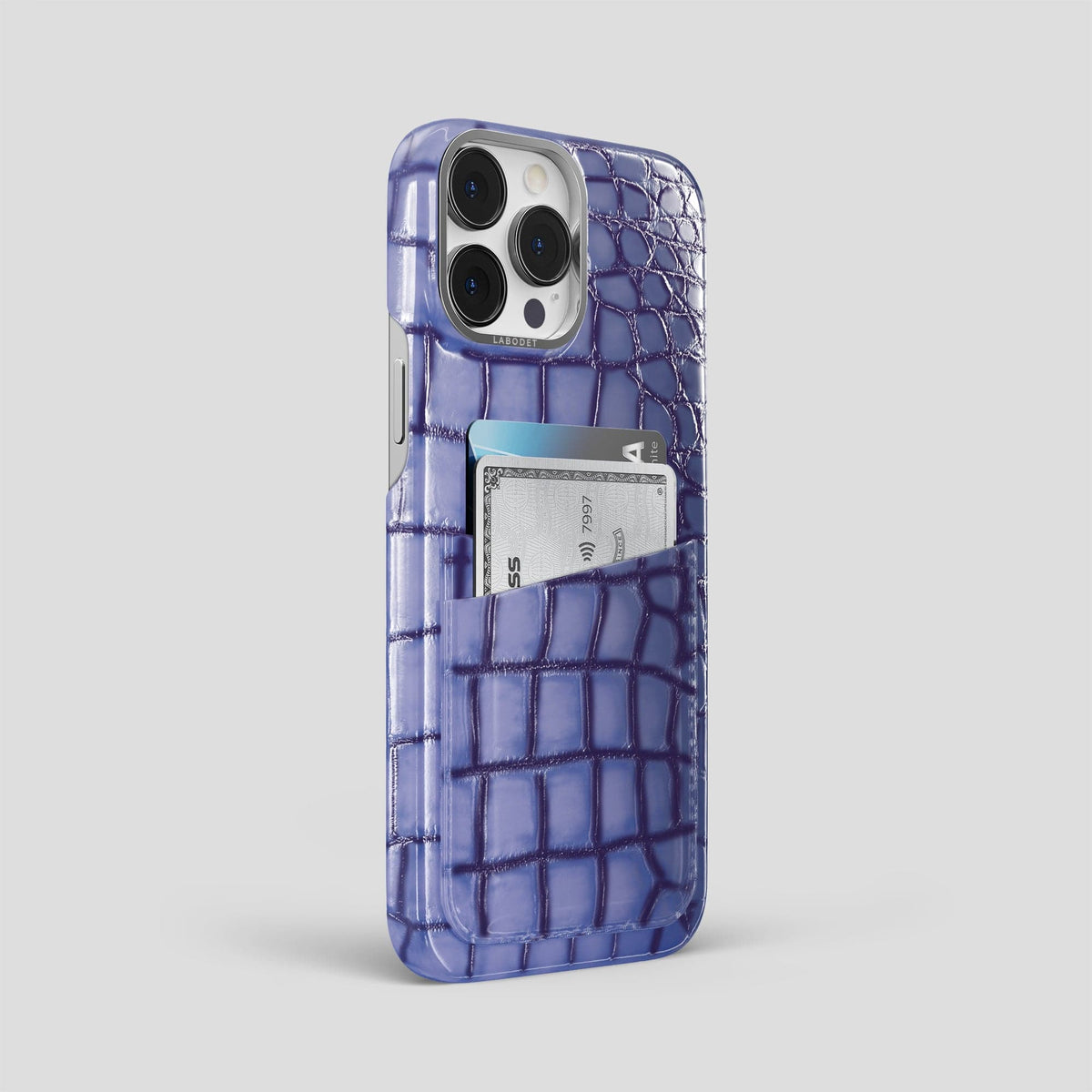 Lilac iPhone 15 Pro Max Double Card Case Patina Alligator with Steel Metal -2 | Lilac-Steel