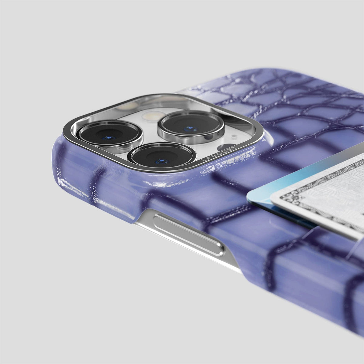 Lilac iPhone 15 Pro Max Double Card Case Patina Alligator with Steel Metal -5 | Lilac-Steel