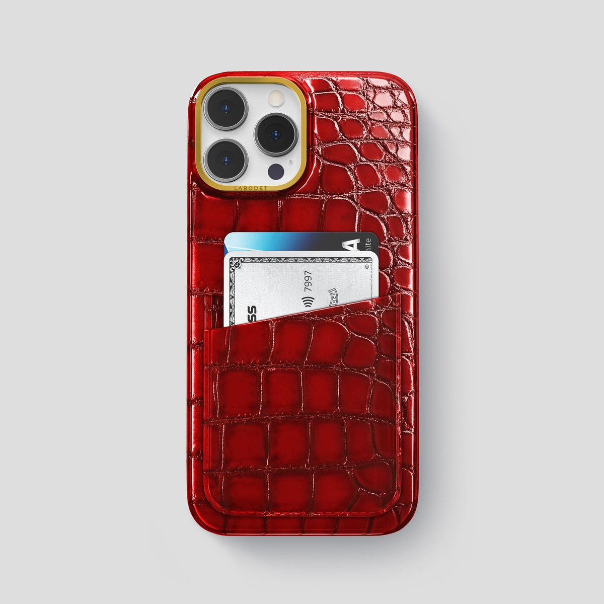 Burgundy iPhone 15 Pro Max Double Card Case Patina Alligator with Gold Metal -1 | Burgundy-Gold
