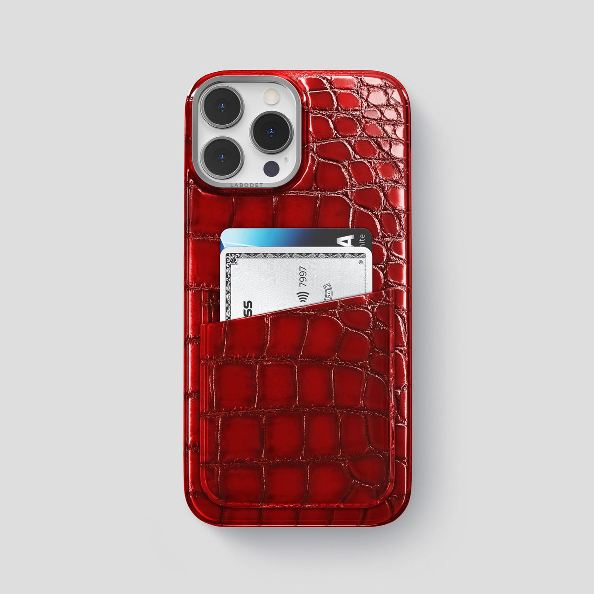 Burgundy iPhone 15 Pro Max Double Card Case Patina Alligator with Steel Metal -1 | Burgundy-Steel