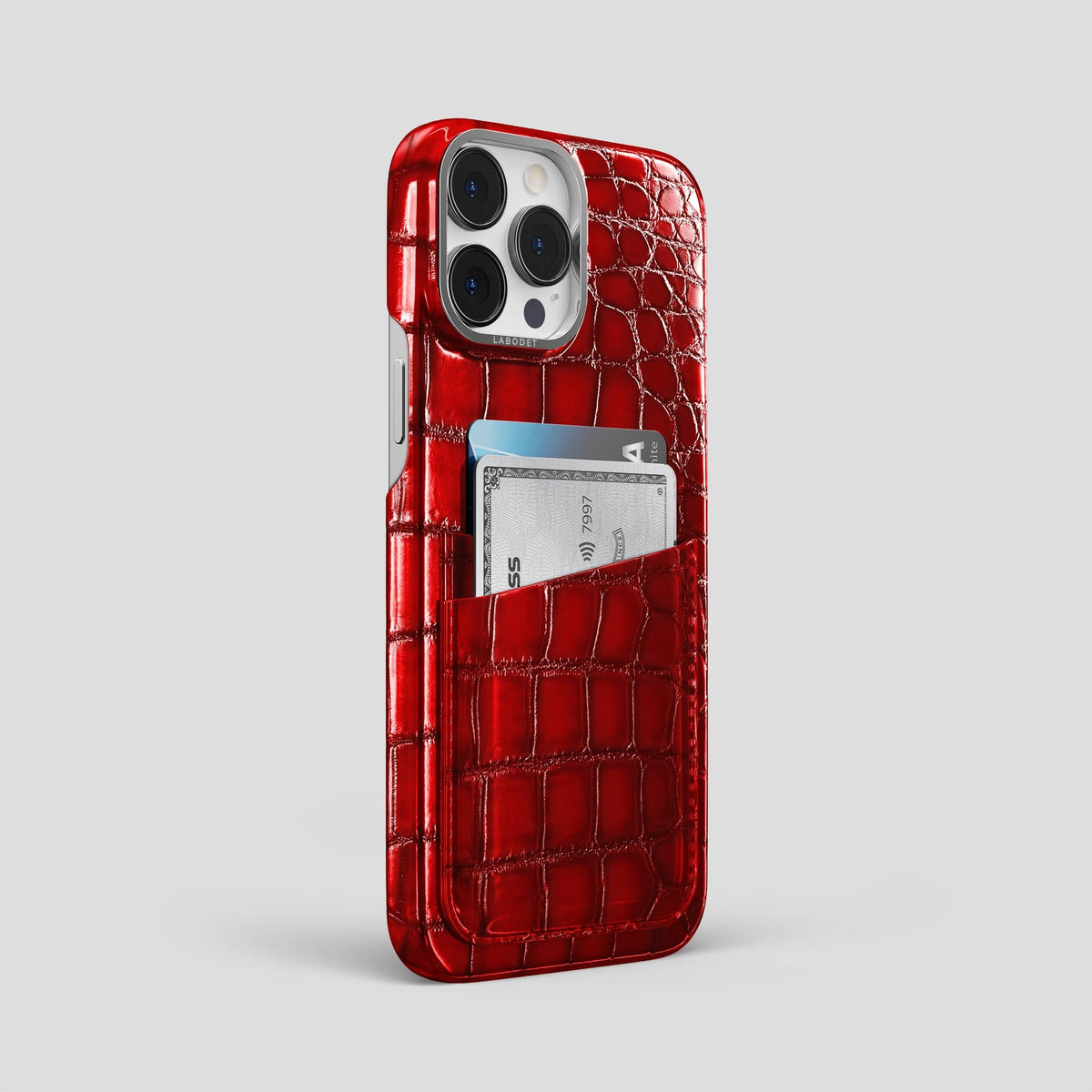Burgundy iPhone 15 Pro Max Double Card Case Patina Alligator with Steel Metal -2 | Burgundy-Steel