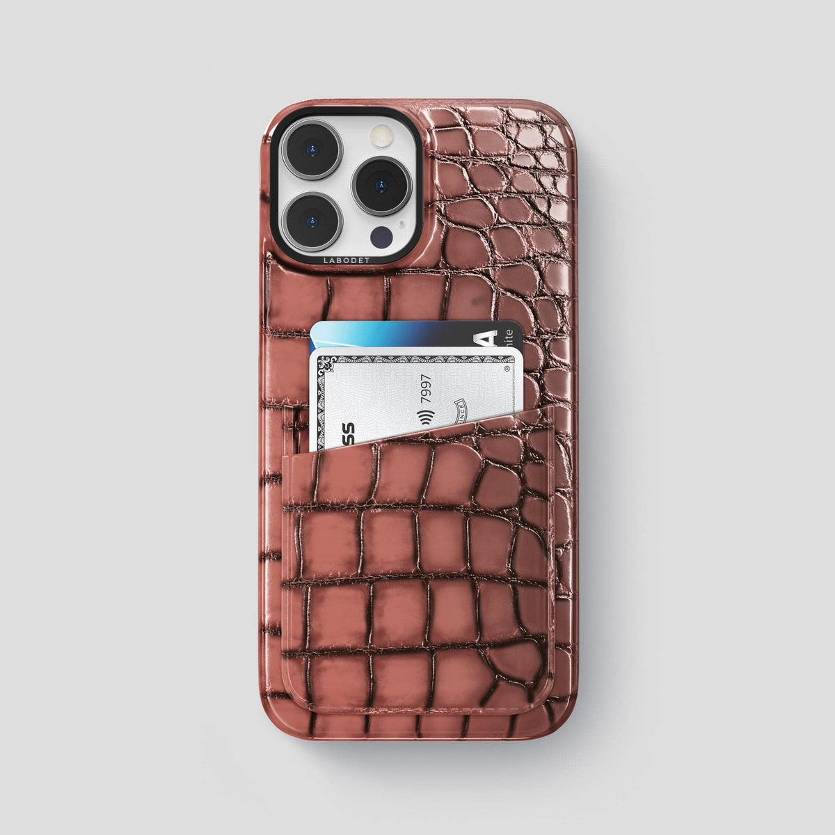 Wine-Sediment iPhone 15 Pro Max Double Card Case Patina Alligator with Black Metal -1 | Wine-Sediment-Black