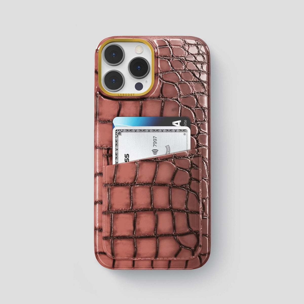 Wine-Sediment iPhone 15 Pro Max Double Card Case Patina Alligator with Gold Metal -1 | Wine-Sediment-Gold