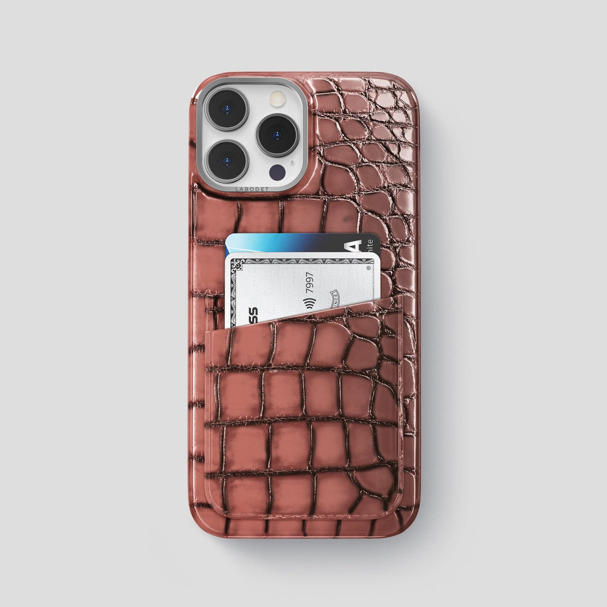 Wine-Sediment iPhone 15 Pro Max Double Card Case Patina Alligator with Steel Metal -1 | Wine-Sediment-Steel
