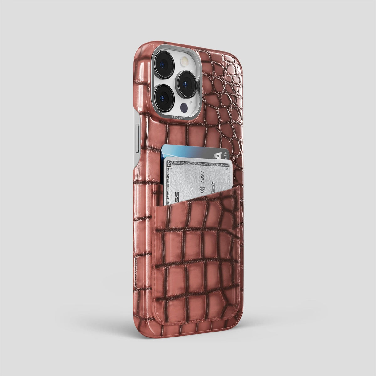 Wine-Sediment iPhone 15 Pro Max Double Card Case Patina Alligator with Steel Metal -2 | Wine-Sediment-Steel