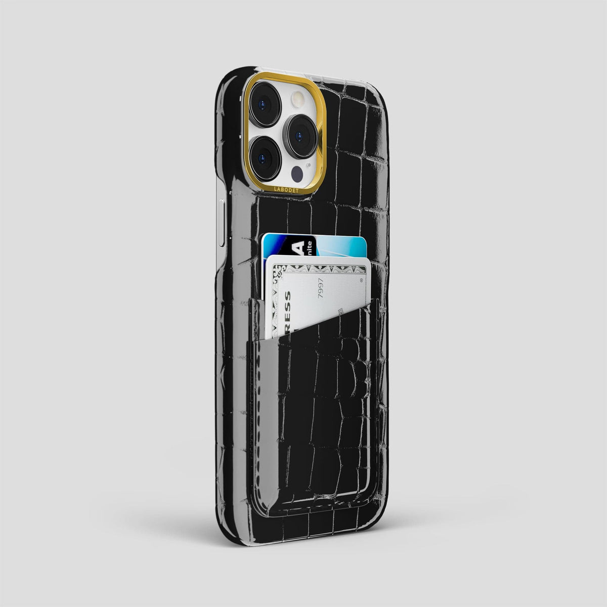 Black iPhone 14 Pro Max Classic Case Shiny Alligator with Gold Metal -2 | Black-Gold
