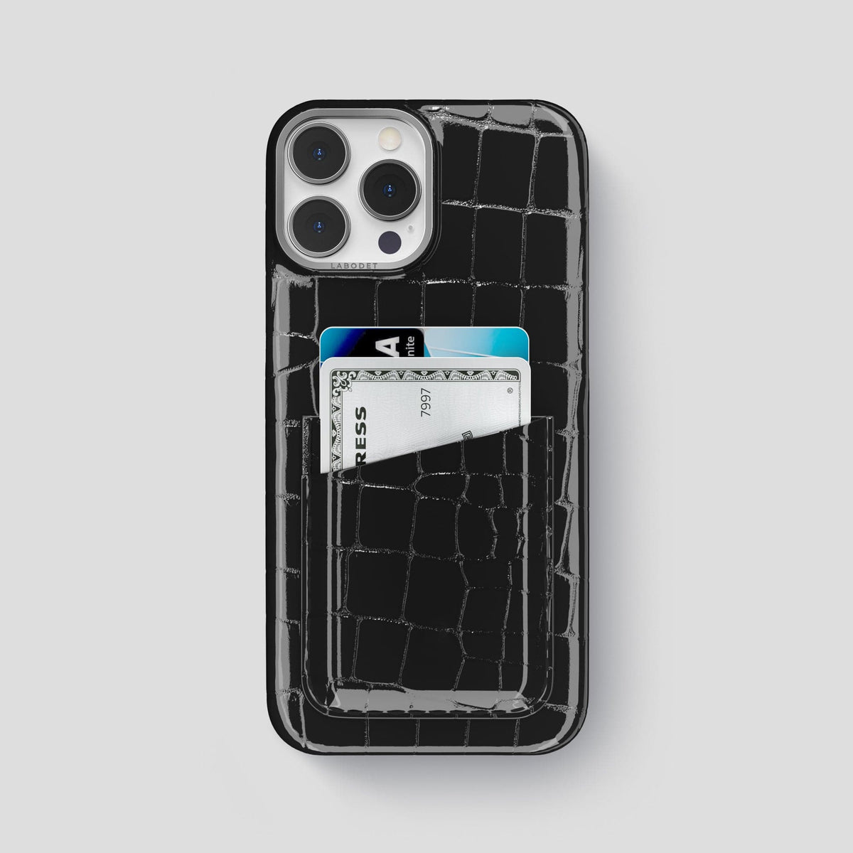 Black iPhone 14 Pro Max Classic Case Shiny Alligator with Steel Metal -1 | Black-Steel