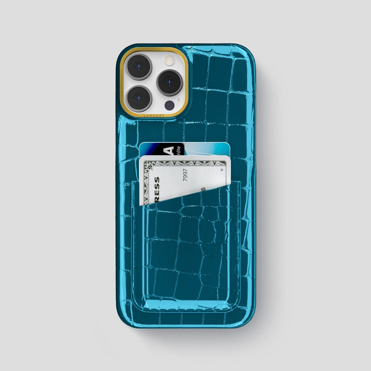 Blue iPhone 15 Pro Max Classic Case Shiny Alligator with Gold Metal -1 | Blue-Gold