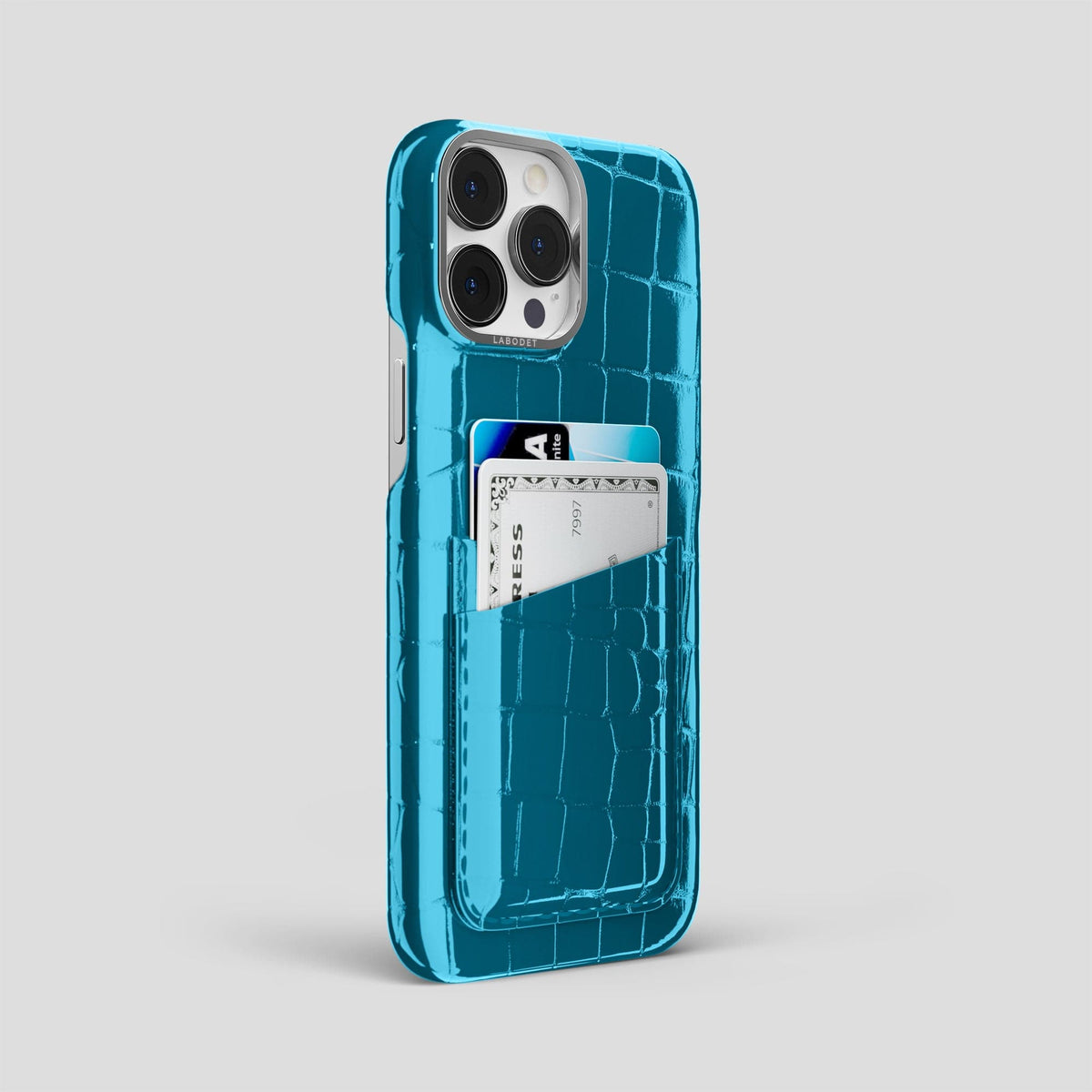 Blue iPhone 15 Pro Max Classic Case Shiny Alligator with Steel Metal -2 | Blue-Steel