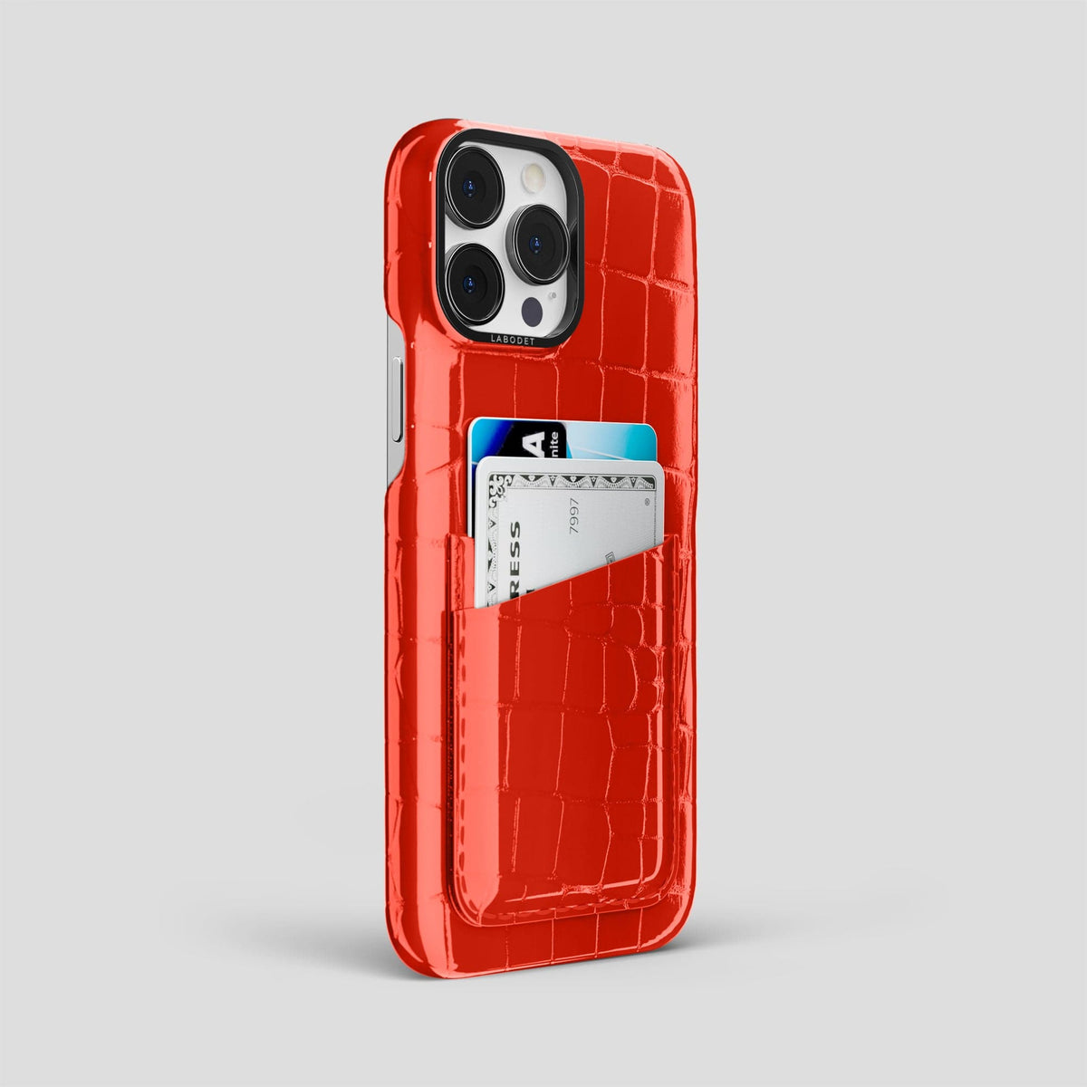 Coral Orange iPhone 14 Pro Max Classic Case Shiny Alligator with Black Metal -2 | Coral-Orange-Black