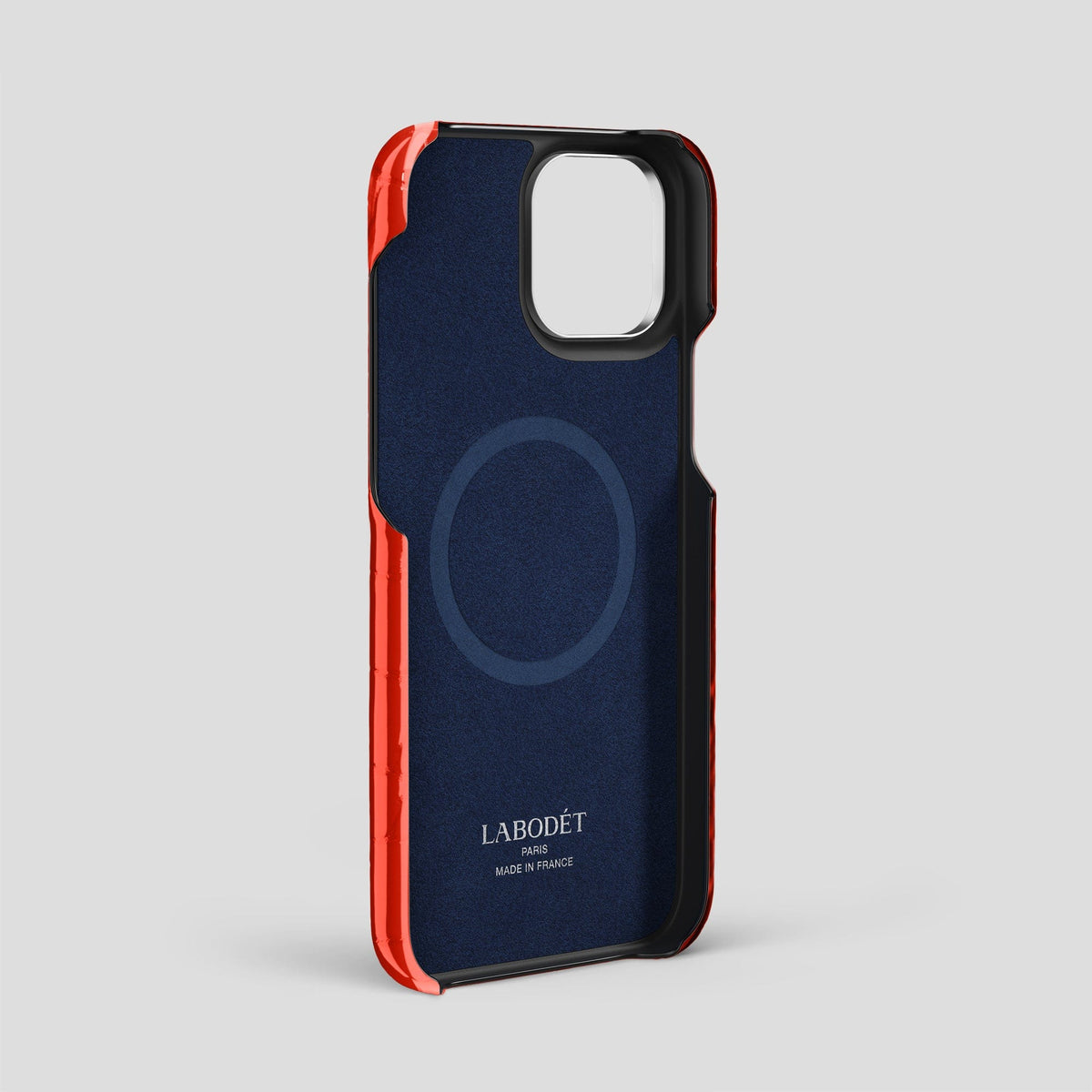 Coral Orange iPhone 14 Pro Max Classic Case Shiny Alligator with Steel Metal -4 | Coral-Orange-Steel