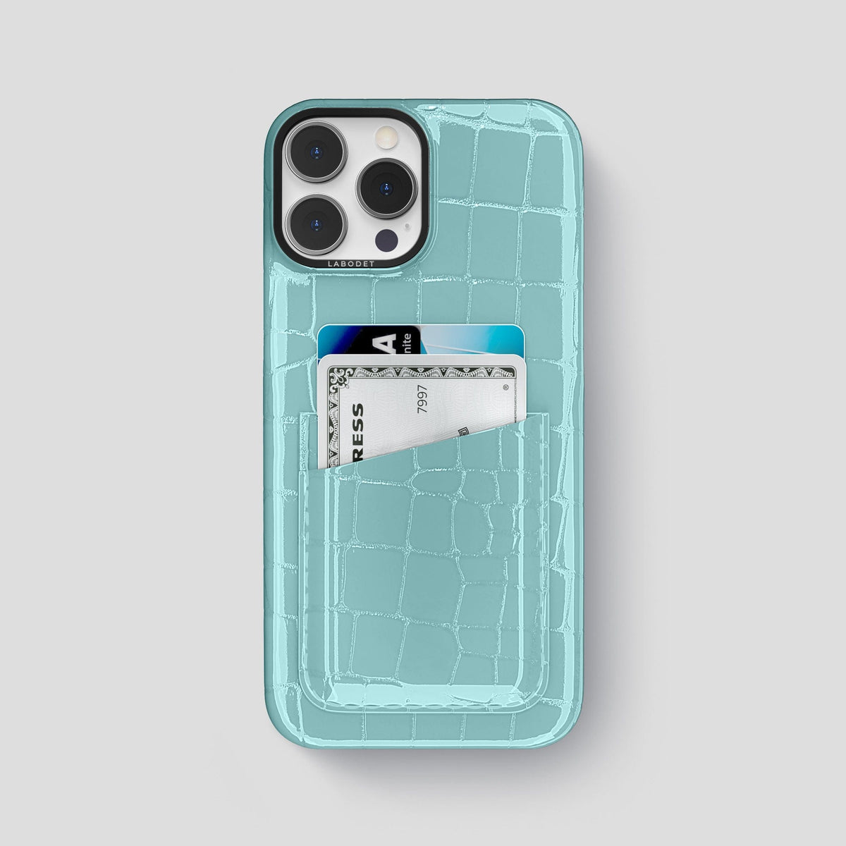 Light Blue iPhone 15 Pro Max Classic Case Shiny Alligator with Black Metal -1 | Light-Blue-Black