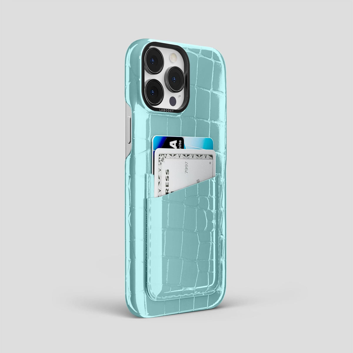 Light Blue iPhone 15 Pro Max Classic Case Shiny Alligator with Black Metal -2 | Light-Blue-Black
