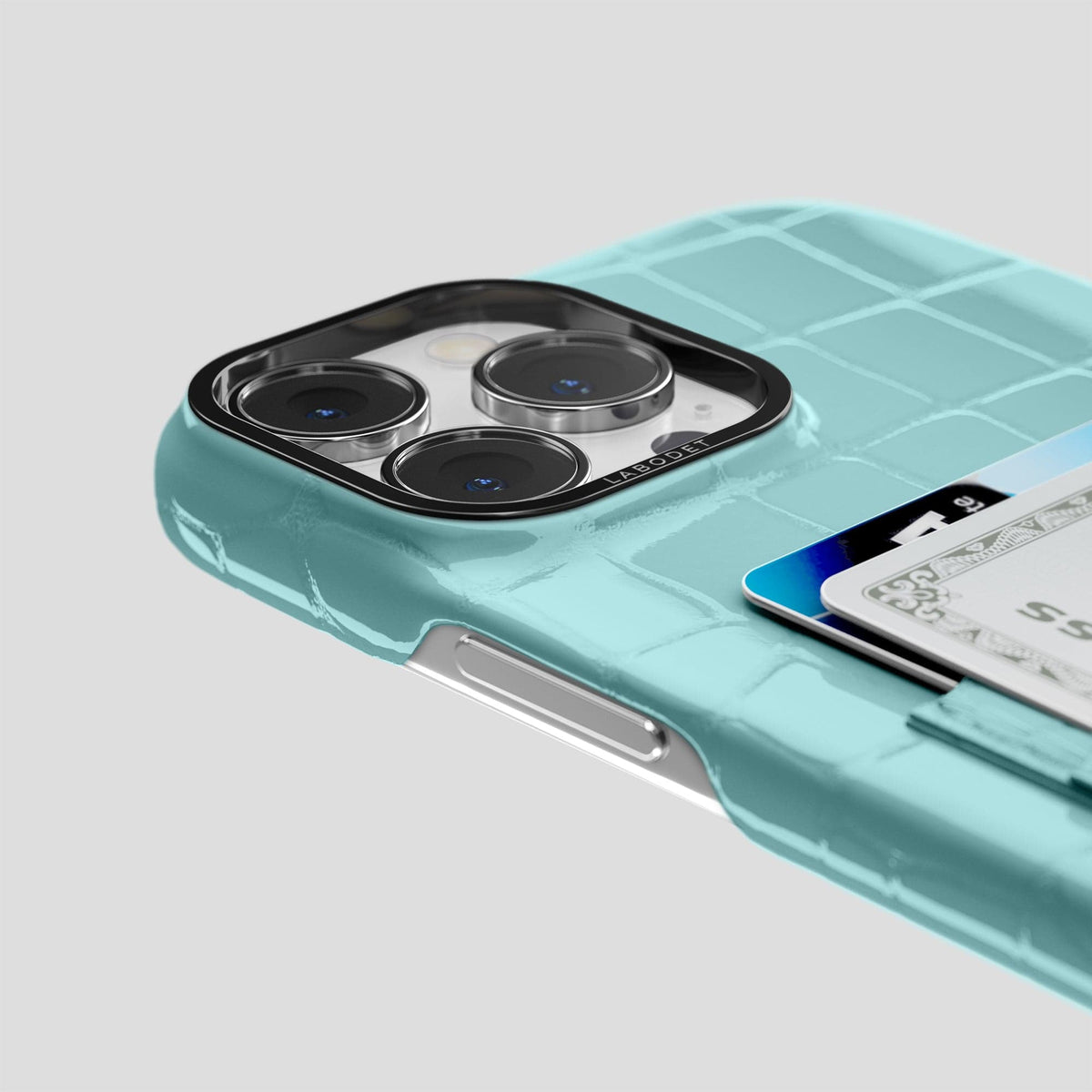 Light Blue iPhone 15 Pro Max Classic Case Shiny Alligator with Black Metal -5 | Light-Blue-Black