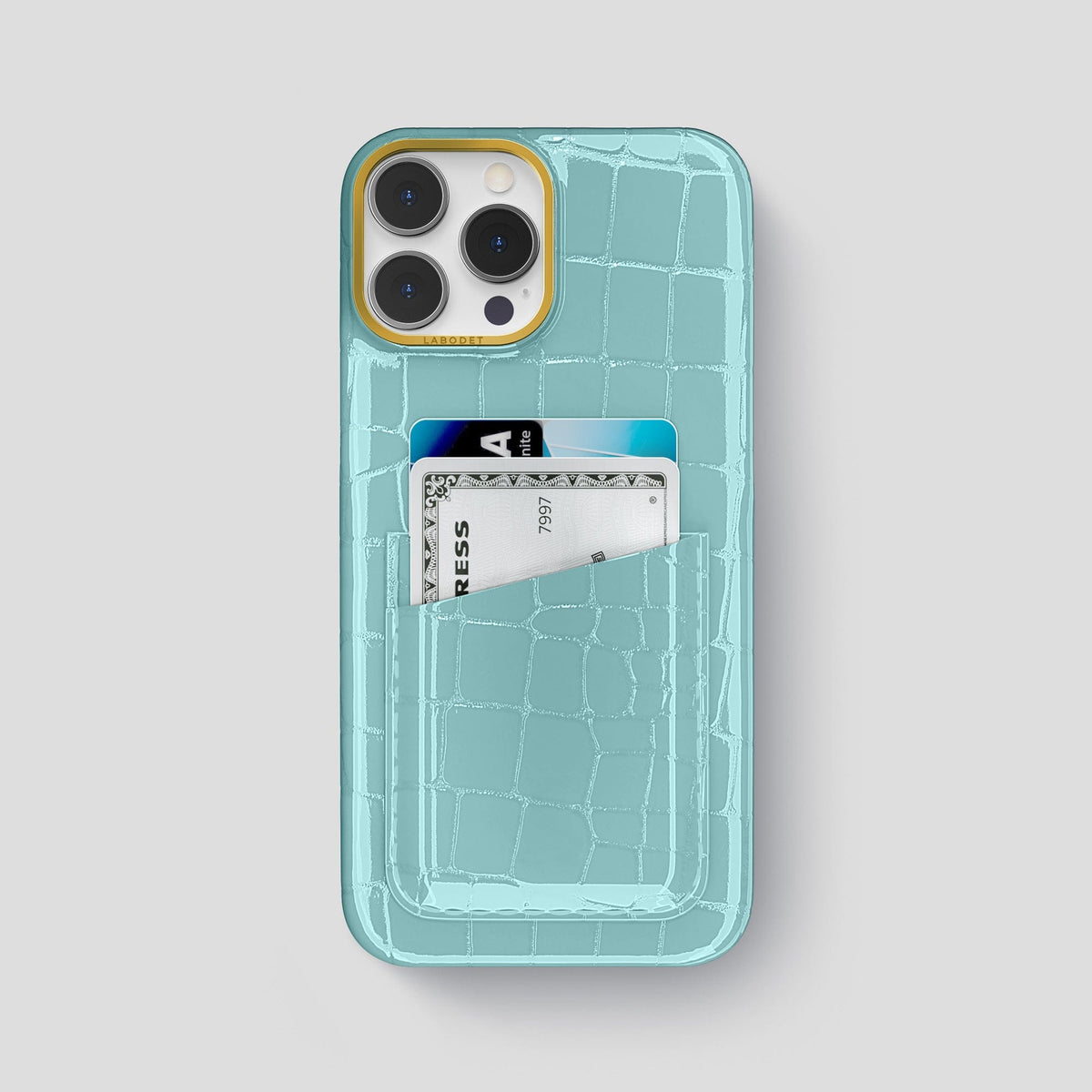 Light Blue iPhone 15 Pro Max Classic Case Shiny Alligator with Gold Metal -1 | Light-Blue-Gold
