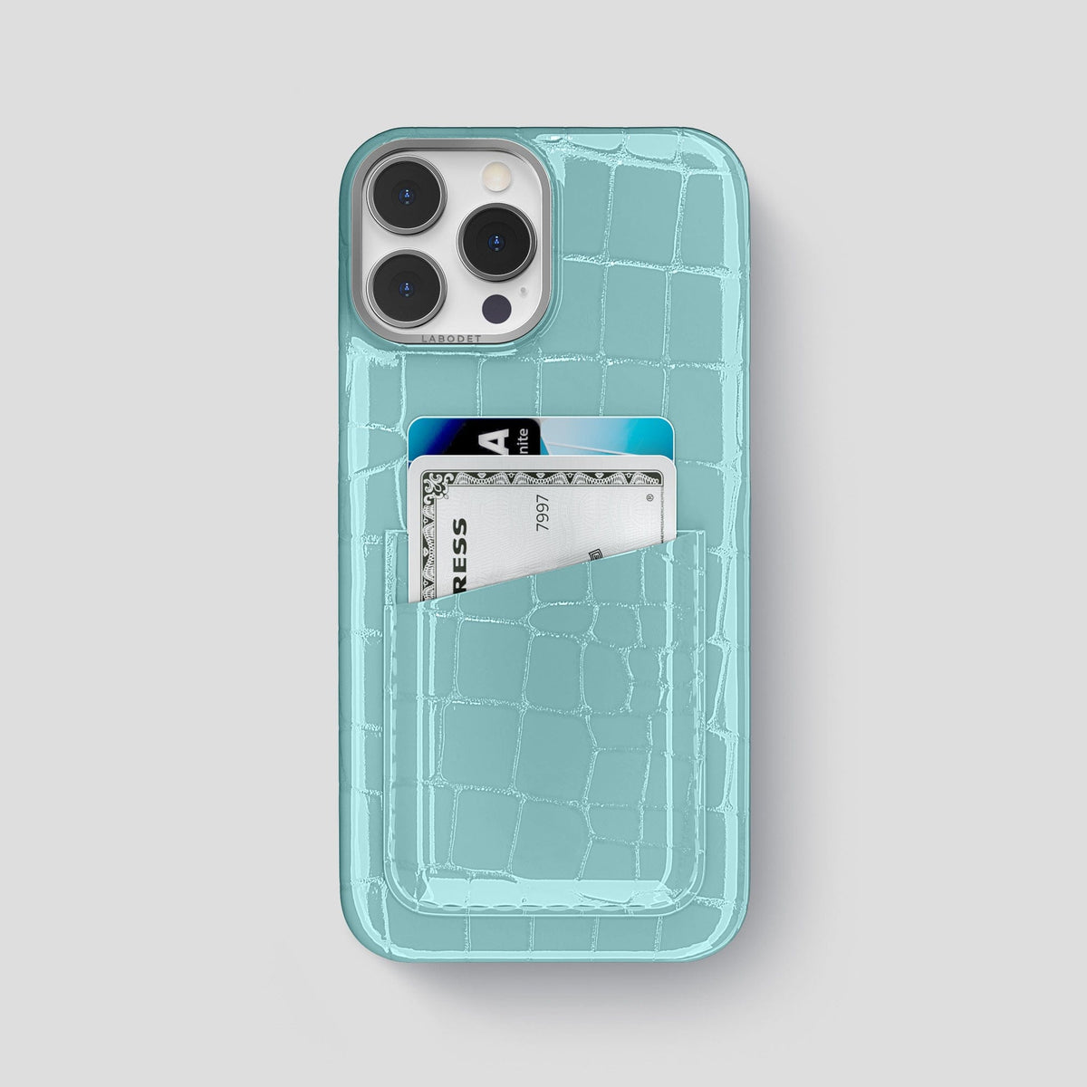 Light Blue iPhone 15 Pro Max Classic Case Shiny Alligator with Steel Metal -1 | Light-Blue-Steel