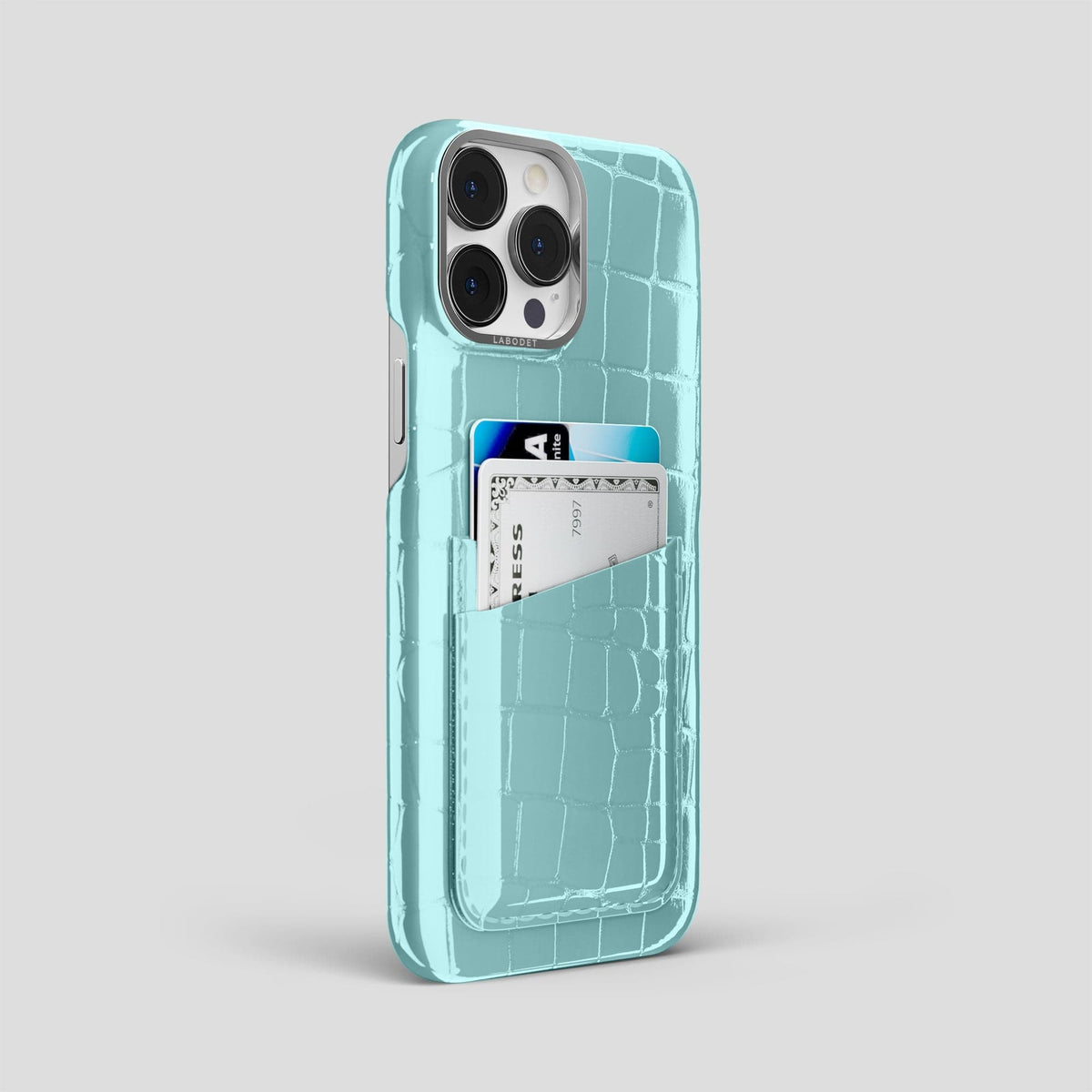 Light Blue iPhone 15 Pro Max Classic Case Shiny Alligator with Steel Metal -2 | Light-Blue-Steel