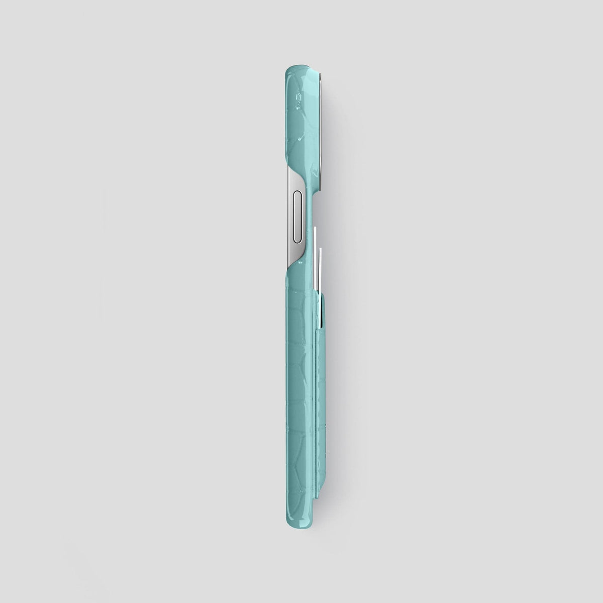 Light Blue iPhone 15 Pro Max Classic Case Shiny Alligator with Steel Metal -3 | Light-Blue-Steel
