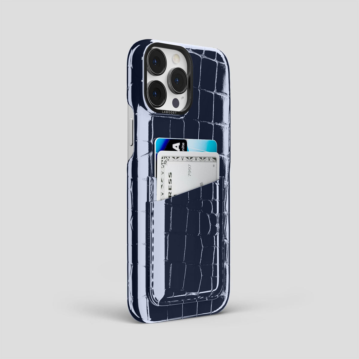 Navy-Blue iPhone 14 Pro Max Classic Case Shiny Alligator with Black Metal -2 | Navy-Blue-Black