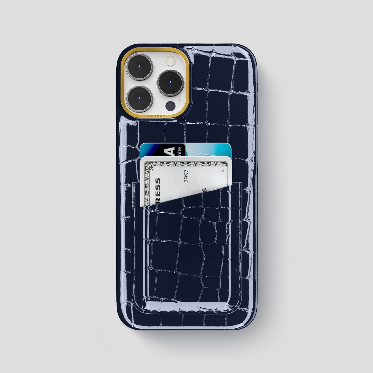 Navy-Blue iPhone 14 Pro Max Classic Case Shiny Alligator with Gold Metal -1 | Navy-Blue-Gold